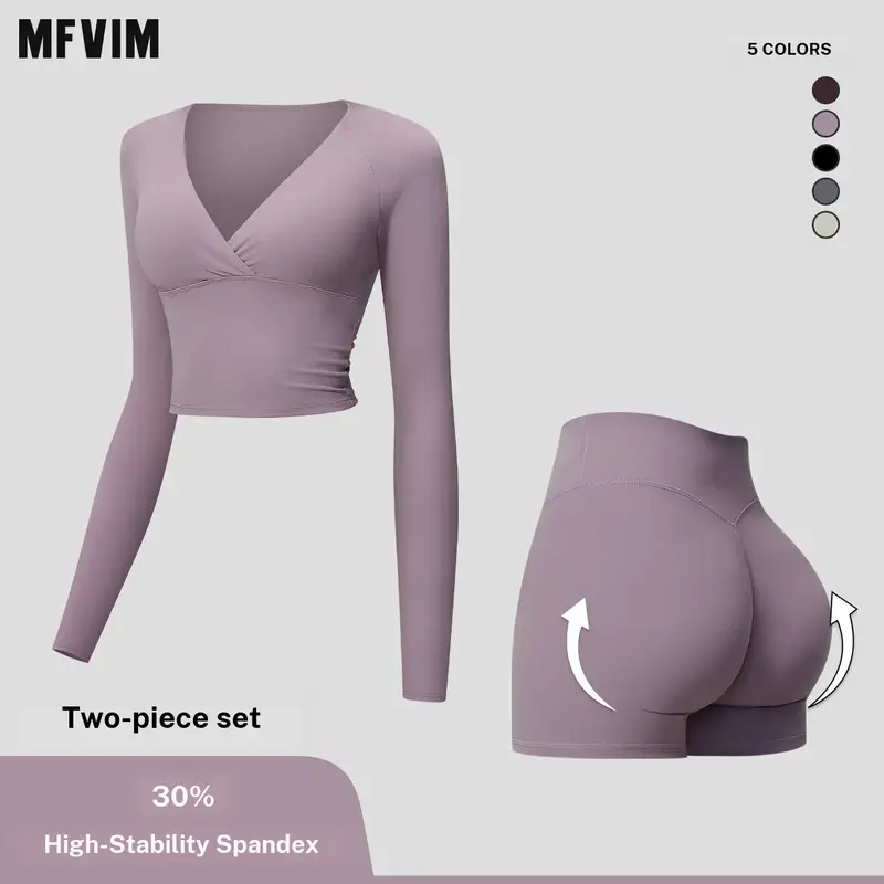 MFVIM Women’s Deep V Cross Long Sleeve Fitness 2-Piece Set - High-Waist Shaping Gym Training Outfit, Matching Gym Clothes Workout Essentials for Outdoor Running, Yoga, Workout Sets Women
