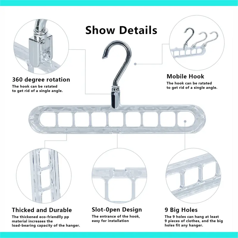 5-Pack Heavy-Duty Foldable Plastic Pants Hangers - 9 Holes, Adjustable Hooks, Anti-Slip Curved Shape Hanger, Compact House Accessories for Closet Hanging, Garage Home Storage Supplies