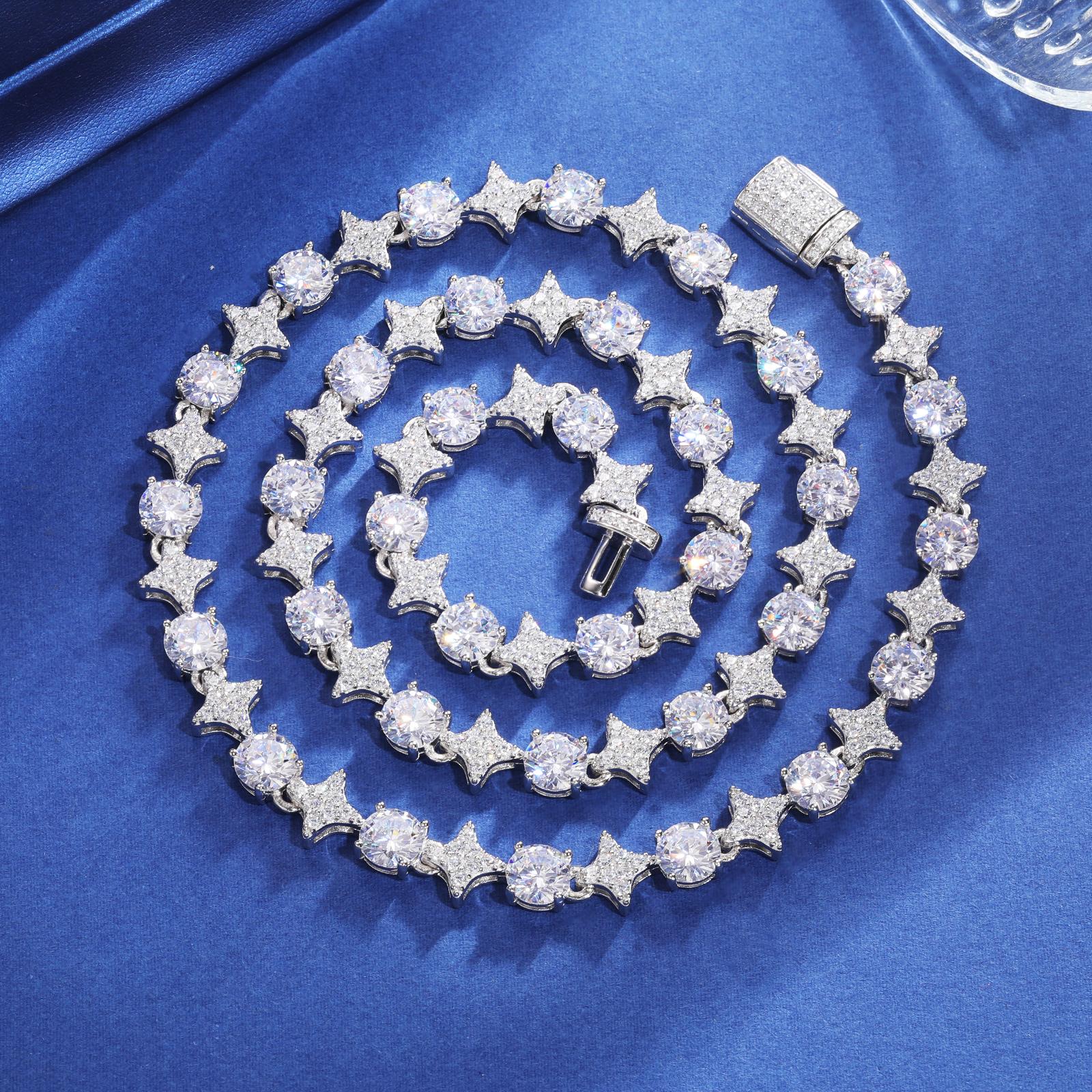 【#NS9250037】8mm S925 Sterling Silver Star Round Tennis Chain Necklace For Women New Design Iced Out Hip Hop Fine Jewelry for Christmas