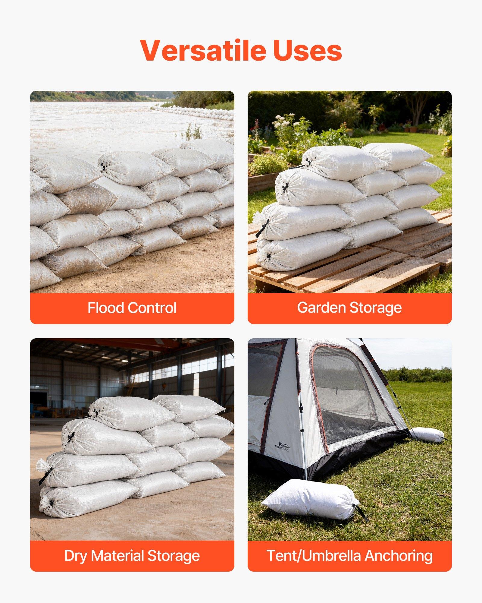 VEVOR Empty Sandbags, 200 Packs 16 x 26 in, Heavy Duty Sand Bags Sacks with Ties, 50lb Capacity Woven Polypropylene Sandbags, Tear-Resistant & UV-Resistant Sand Bags for Flood Protection Barrier