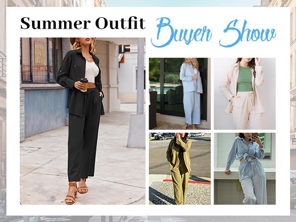 ZEAGOO Women's 2-Piece Linen Set - Button Down Shirt & Drawstring Long Pants, Summer Corporate Girlie Outfits, Black Friday Basic Fabric