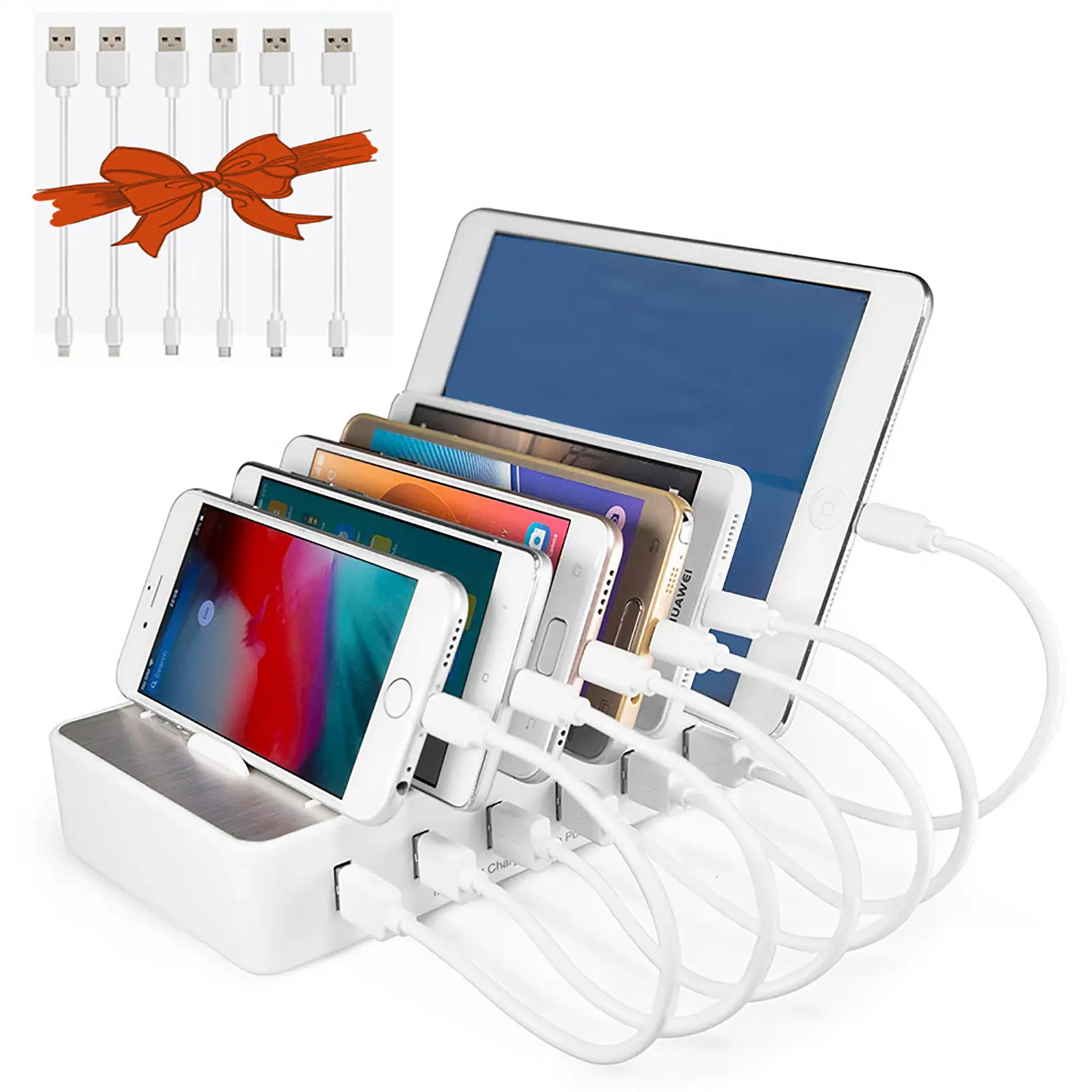 CHARGEKNIGHT 50W 6-Port Mobile Electronic Charger Power Hub Station - Integrated Cable Compatibility, 10W Fast Charging Dock, Quiet Transformer, Soft Sleep Lights for Smartphone, iPhone/iPad, Android Device