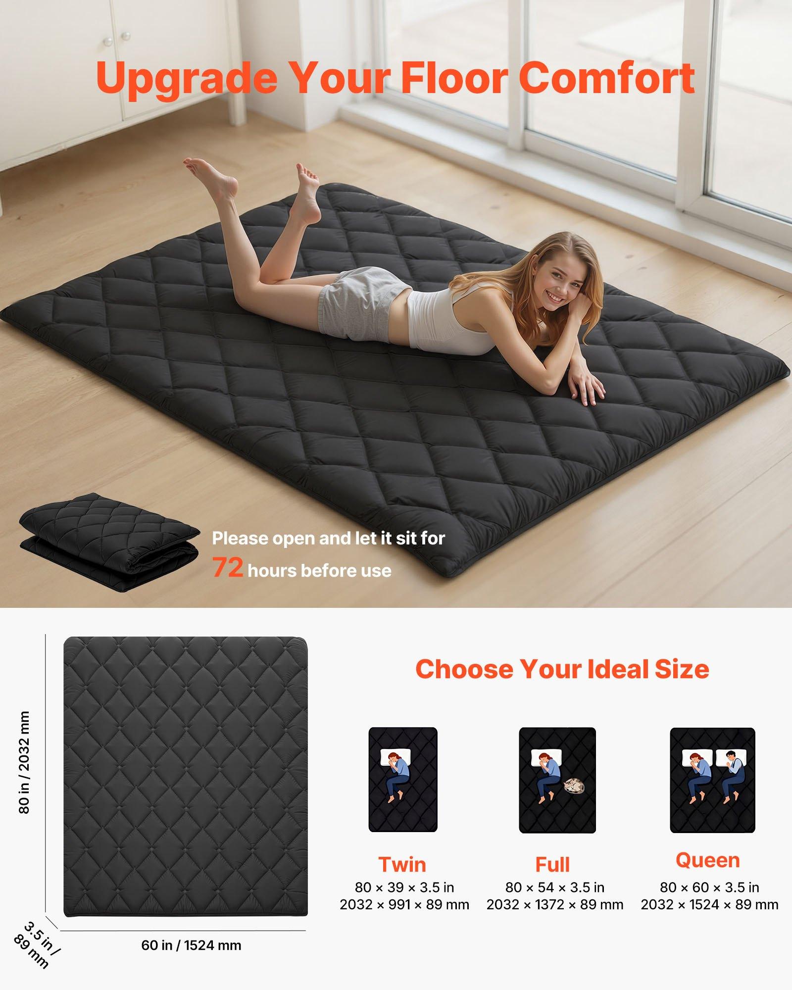 【Summerfinds】VEVOR Brushed Fabric Japanese Tatami Mattress, Queen Size 80x60x3.5in 14.1 lbs Foldable 60 Inch Single Sleeping Yoga Floor Mat, 9-Layer Dorm Mat with Storage Bag Fastener, Black