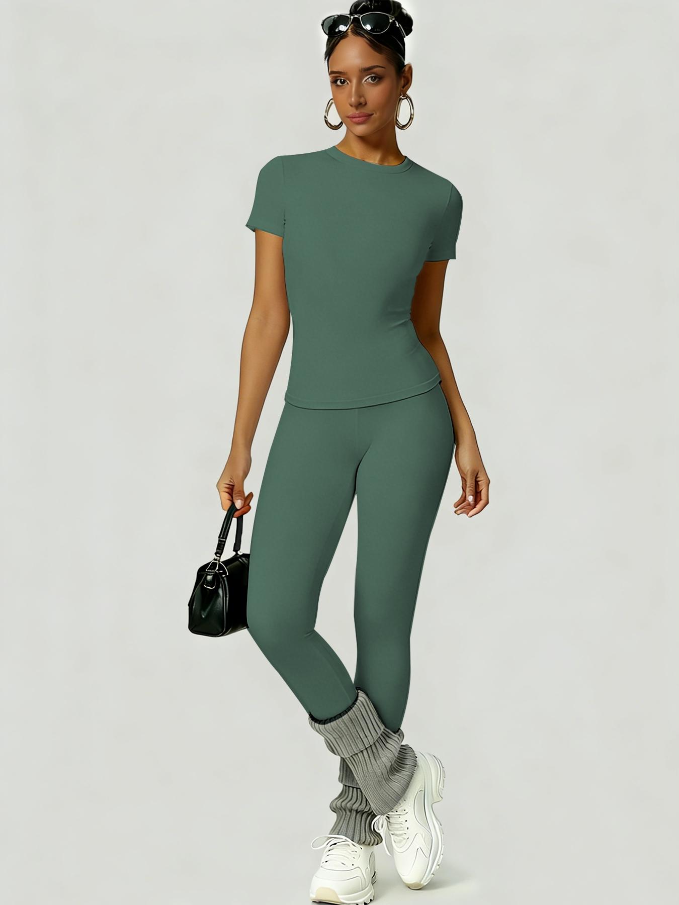 Women's Sportswear Set, Athletic Style Activewear, Slim-Fit Round Neck Short Sleeves & High-Waisted Yoga Pants, Ideal for Gym Running Outdoor Activities, Gym Sets