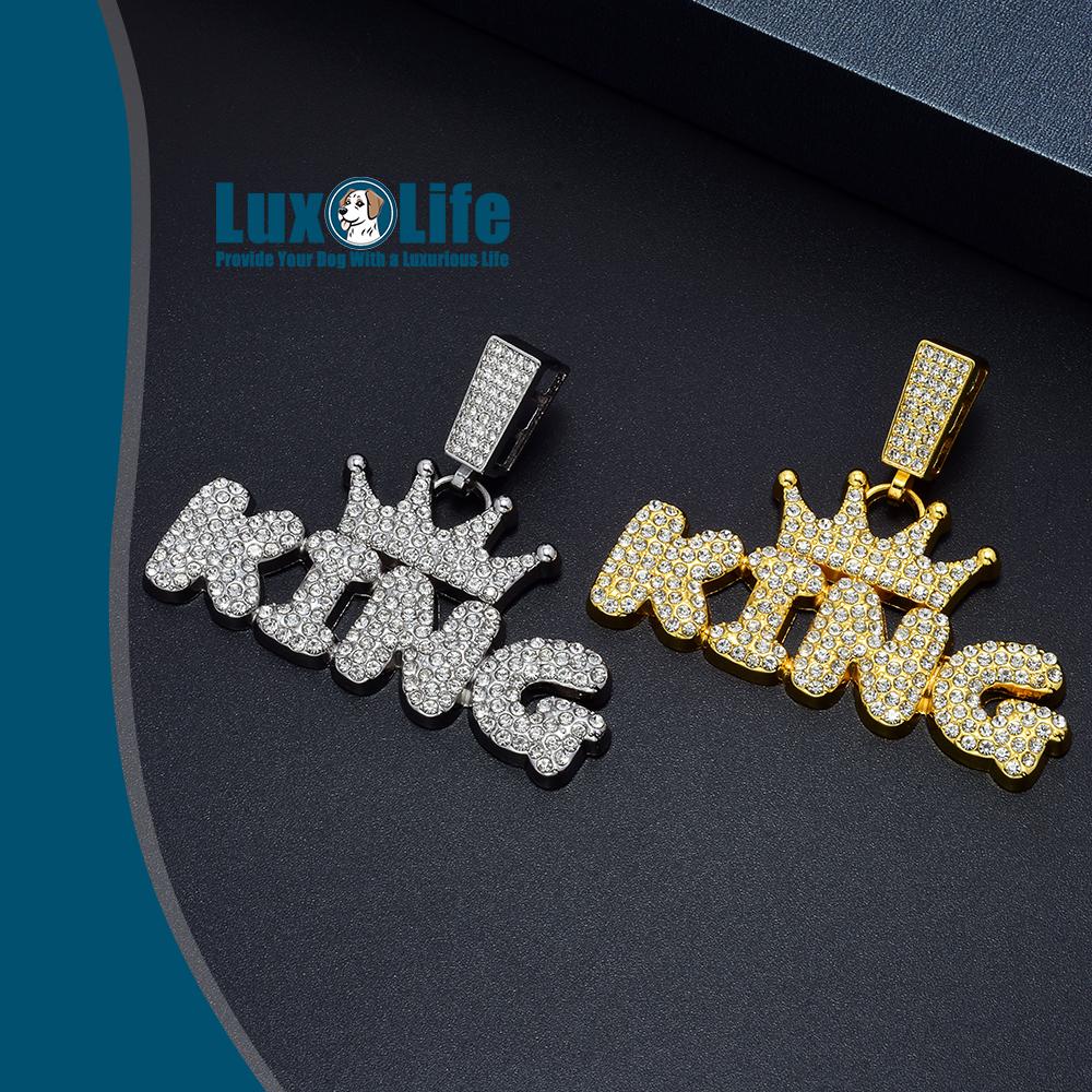 Gold Dog Chain Collar Necklace with diamond pendant "KING" letter Wearing a crown,Diamond Cuban Link Dog Collar 13mm Wide Dog Necklace Metal Cat Chain Pet Crystal Collar Jewelry Accessories for Small Medium Large Dogs Cats