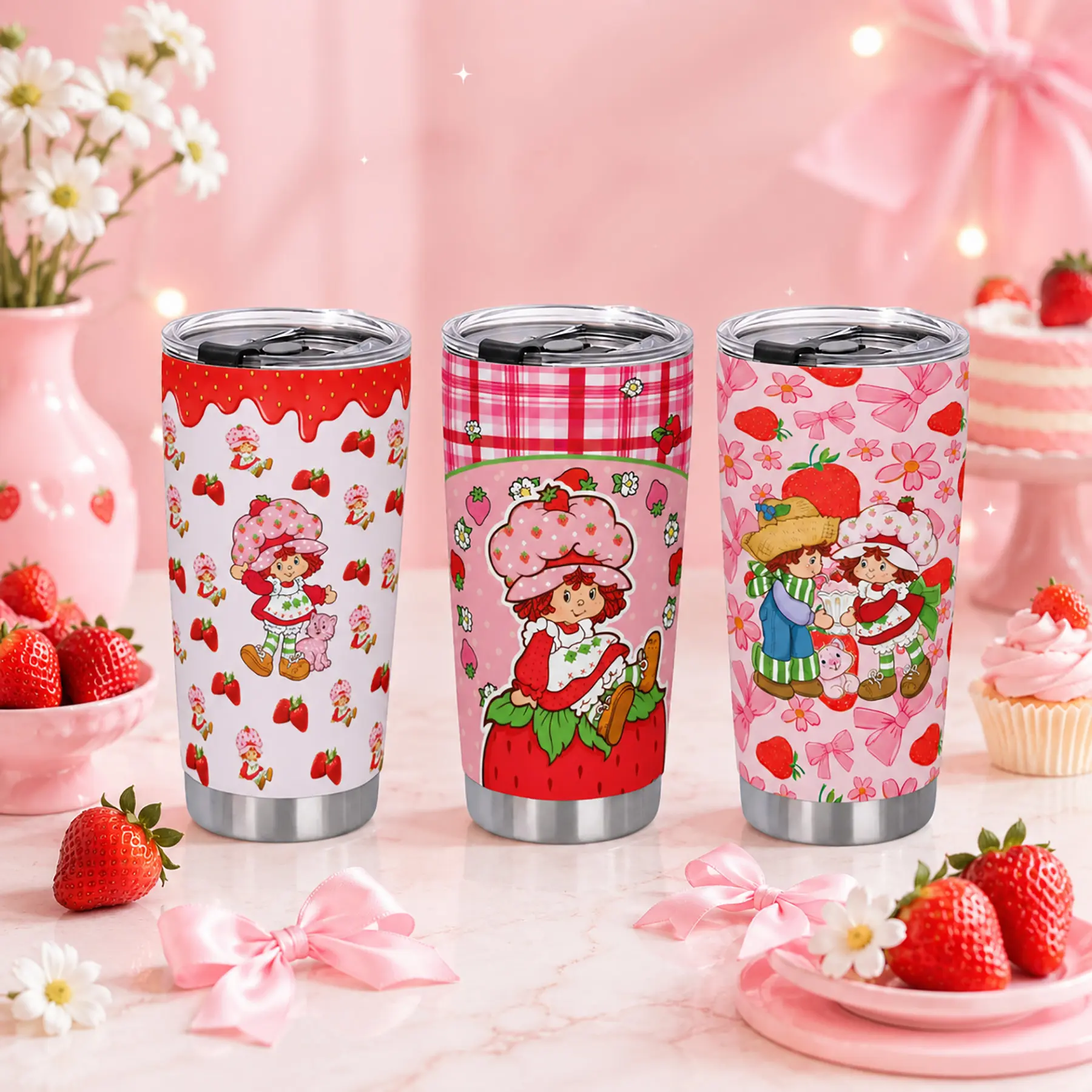 20oz Retro Strawberry Shortcake Insulated Stainless Steel Skinny Tumbler, Vacuum Flask with Lid & Straw, Portable Coffee Cup, Cute Kitchenware Gift for Fans