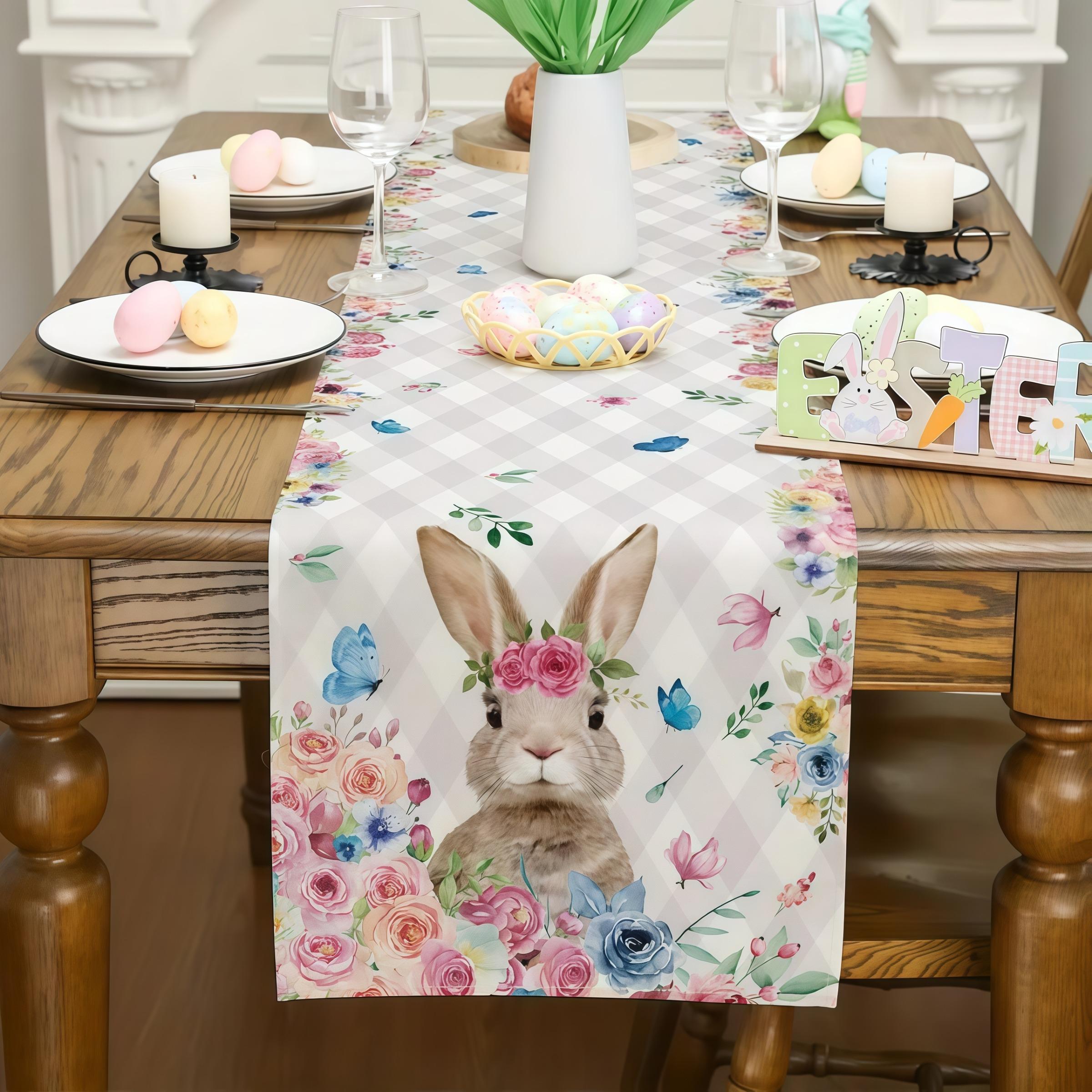 Easter Rabbit Table Runner with Floral Check Pattern, Spring Holiday Kitchen Dining Cover, Perfect for Easter Party Decoration