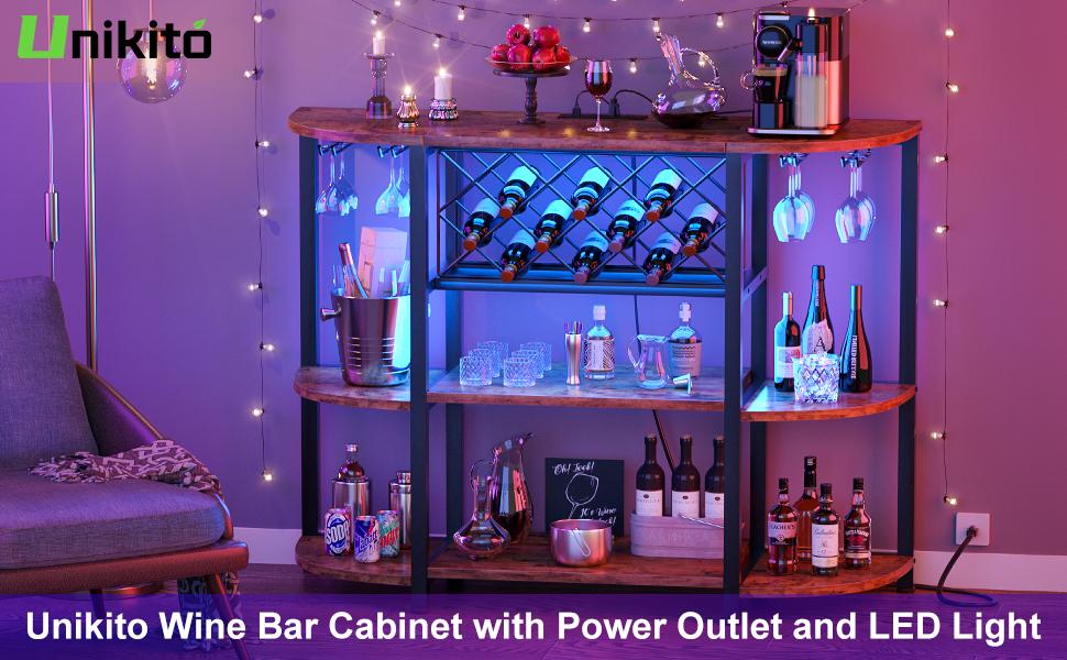 Home Bar Table, Wine Rack, Freestanding Storage Table, Stylish Utensils Bottle Grid Wooden Metal Coffee Sturdy Metal Coffee Glass Kitchen Adjustable Power Outlets, Led Lights
