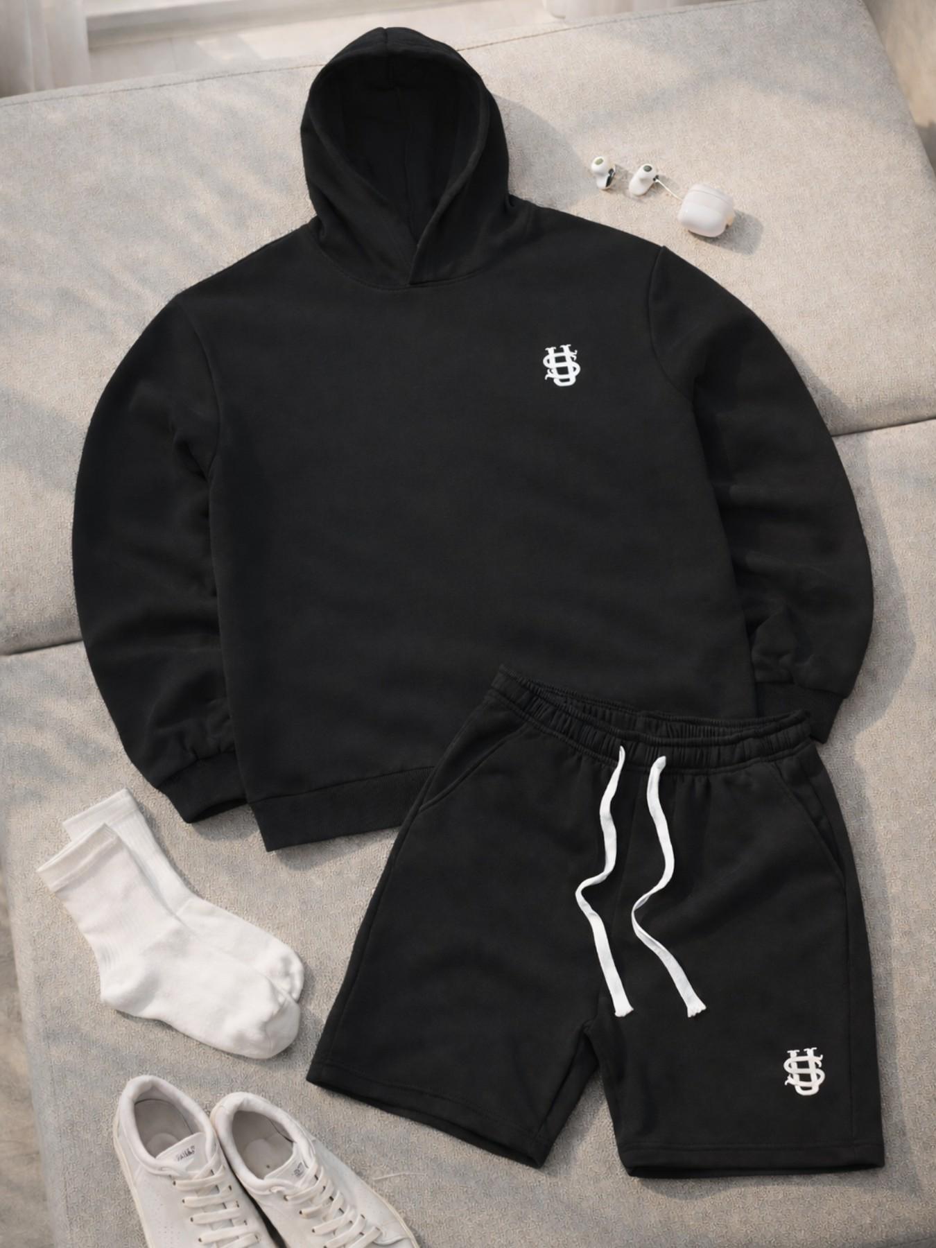 Men's High Street Long Sleeve Hoodie Set with Drawstring Shorts, Casual Lazy Style Two-Piece, Comfortable and Stylish Clothing Outfit Sets
