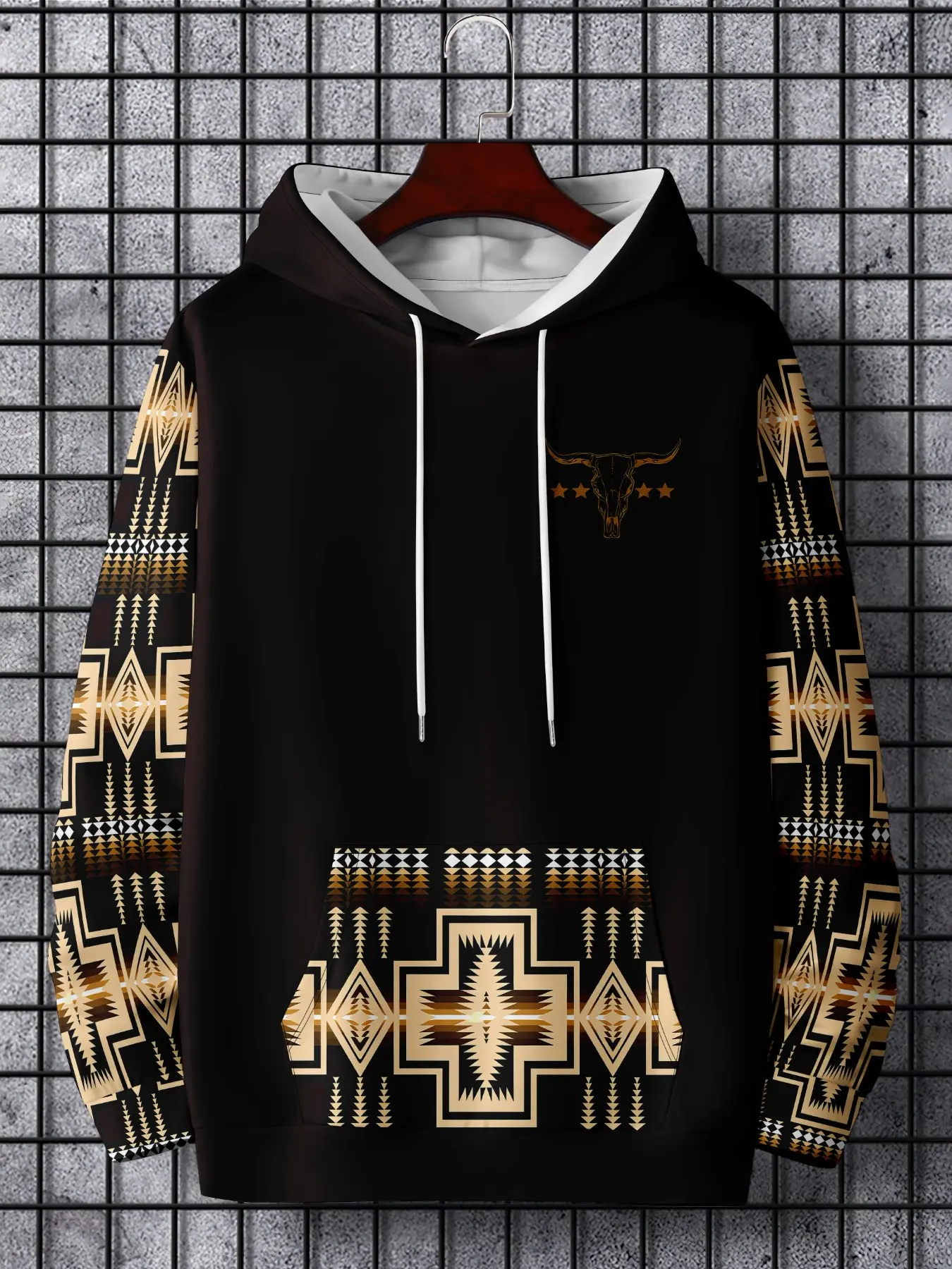 【Black Friday】Men's Western Skull Print Hoodie, Vintage Navajo Geometric Full Print, Loose-Fit Pullover with Pockets, Fall Winter Casual Long Sleeve Jacket