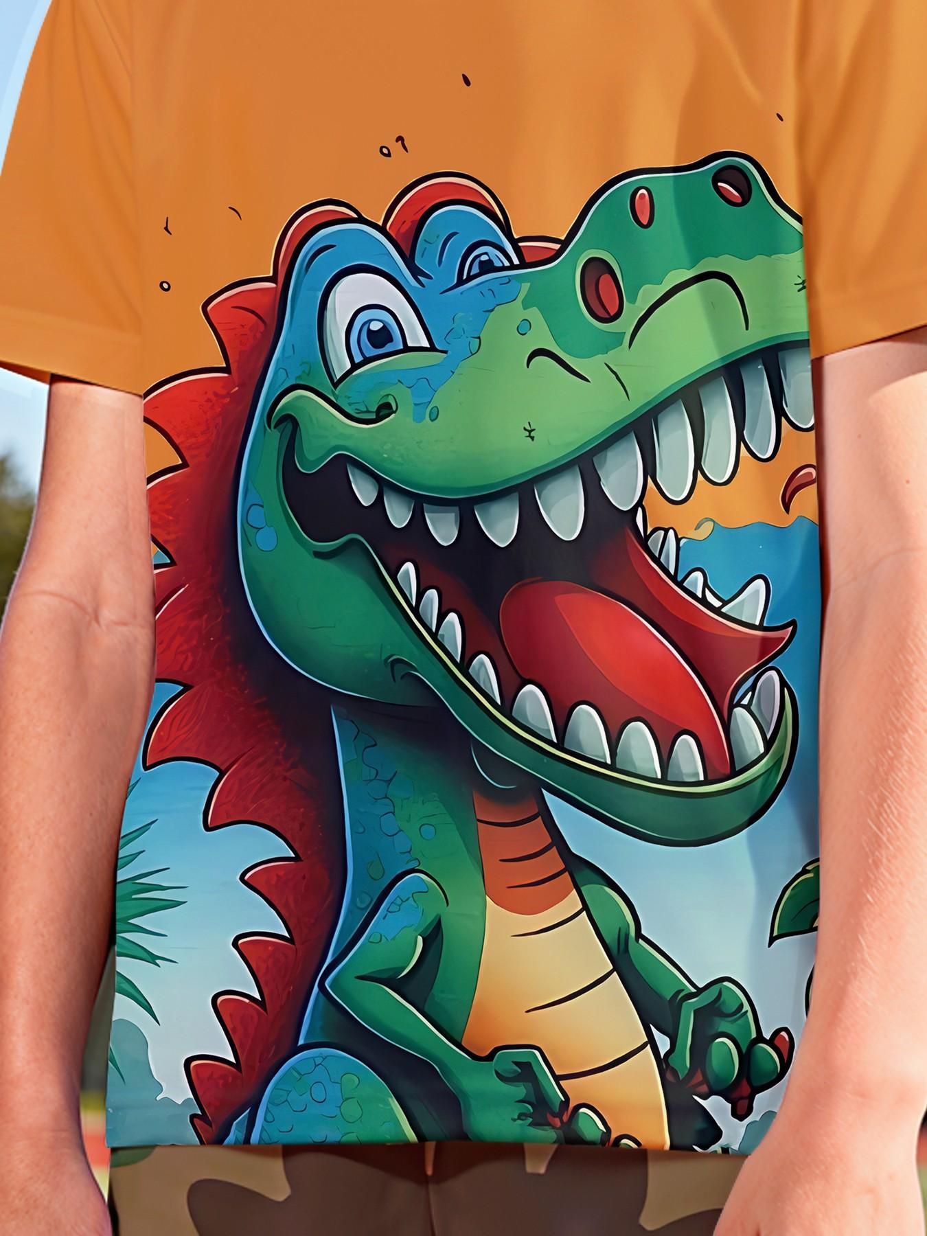 Chengqu Tyrannosaurus Rex Roar Two-Piece Set (Short Sleeve & Shorts), 100% Polyester Casual Loose Fit Outfit, Fun Printed Patterns for Summer, Outdoor Sports T-Shirt Set, Perfect Gift for Boys