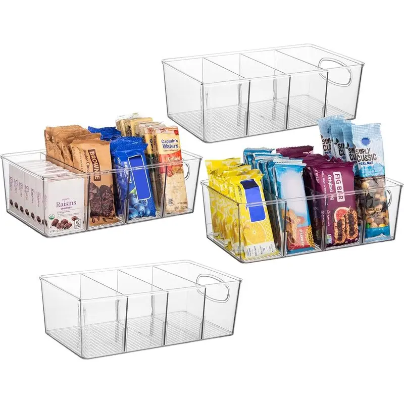 4 Pack Clear Pantry Organizer Bins with Dividers, Kitchen Cabinet and Refrigerator Storage Containers for Snacks, Food Containers and Household Essentials