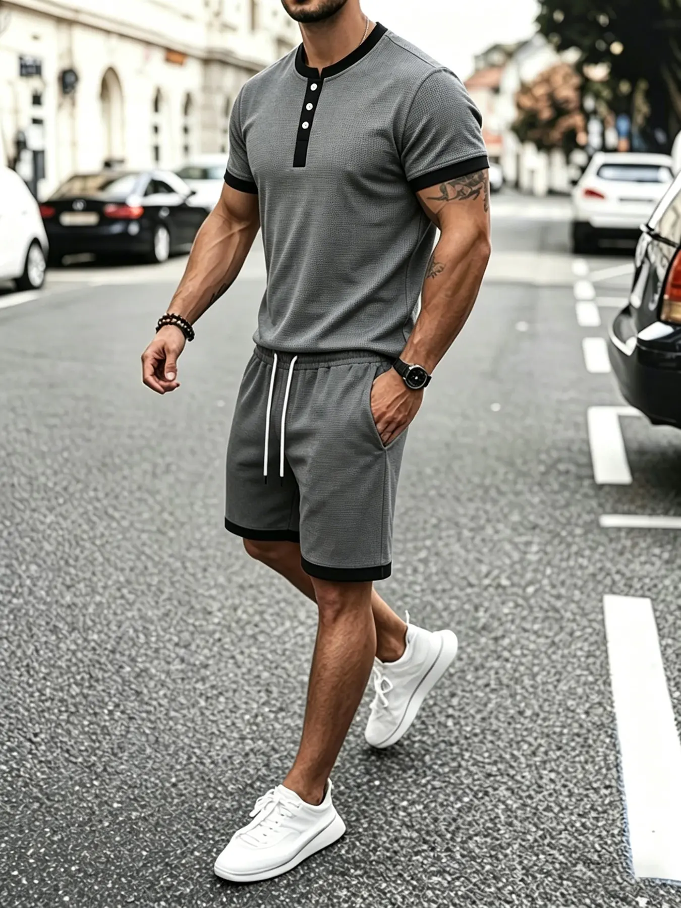 Men's European Style Casual Sports Set, Colorblock Henry Collar Design, Breathable Stretchy Fabric, Ideal for Daily Wear and Light Exercise
