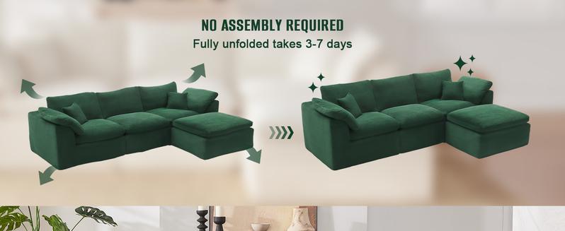 112" Cloud Sectional Couch, Boneless Couches for Living Room, L Shaped Couch with Convertible Ottoman, Modular Sectional Sofa with Deep Seat, Comfy Soft Cushions, No Assembly