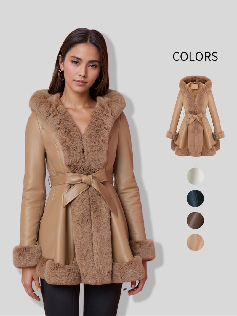 Women's Fall Winter PU Jacket, Long Sleeve Fitted Coat with Hood, Casual Warm Daily Wear, Detachable Belt Included