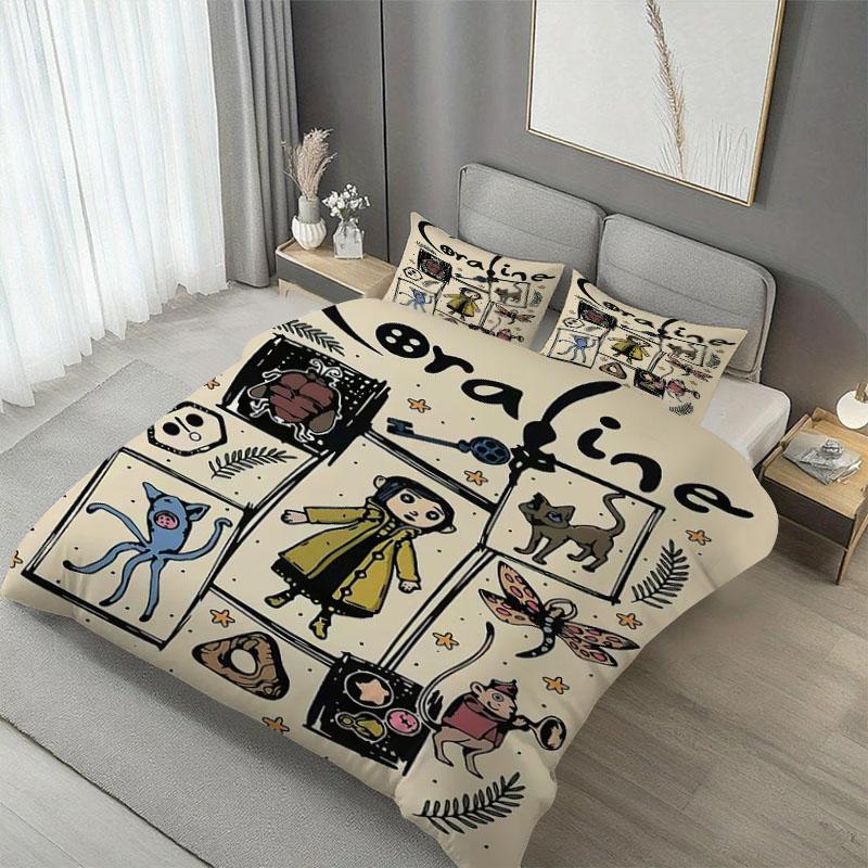 3pcs C-coraline Comic  Theme Bedding Set, Light Base, Vintage Fun Fantasy Dark Style, 1 Fitted Sheet + 2 Pillowcases, Soft