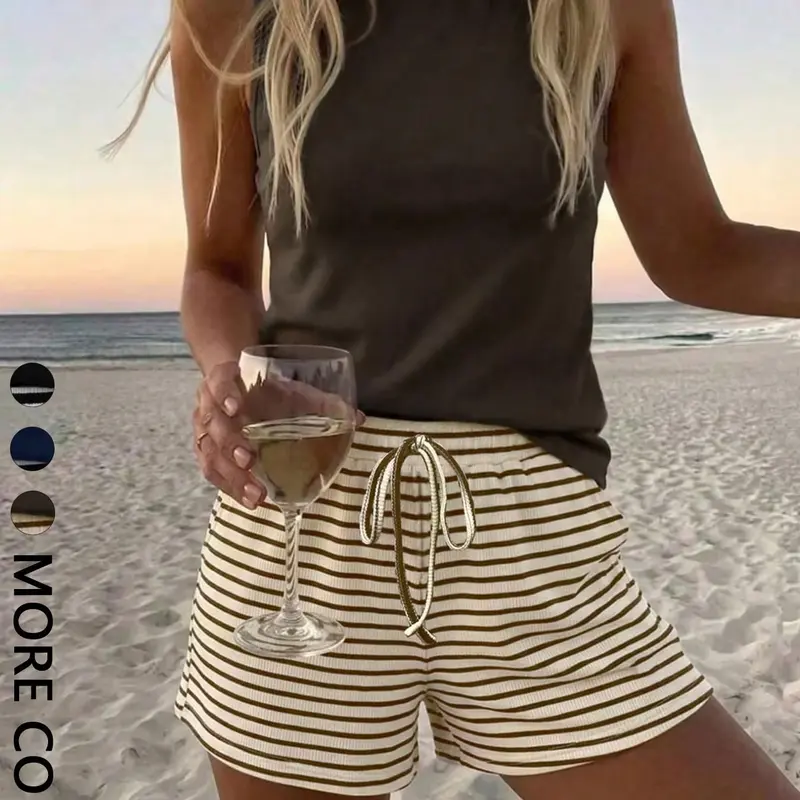 Summer Round-Neck Sleeveless Vest & Striped Shorts Beach Set, Casual Slim-Fit Set, Shorts Sets Outfits
