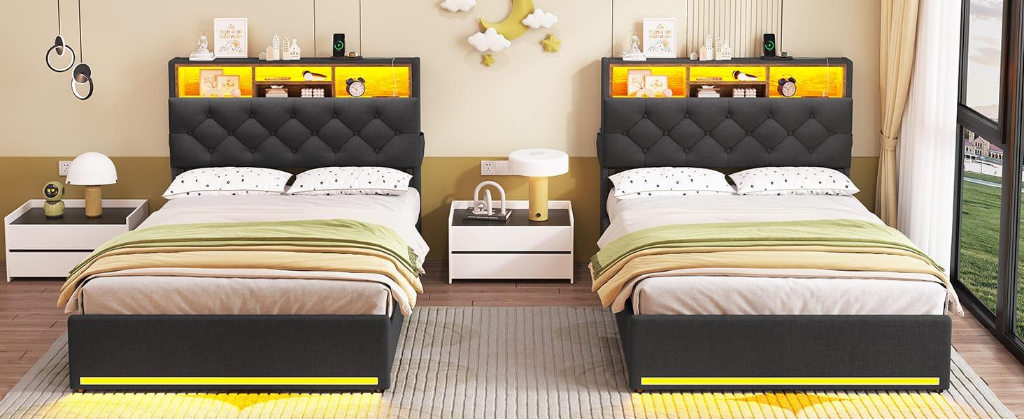 Sikaic Upholstered Platform Bed Frame with LED Lights & Charging Station Hidden Storage Headboard and 4 Drawers Linen Dark Grey