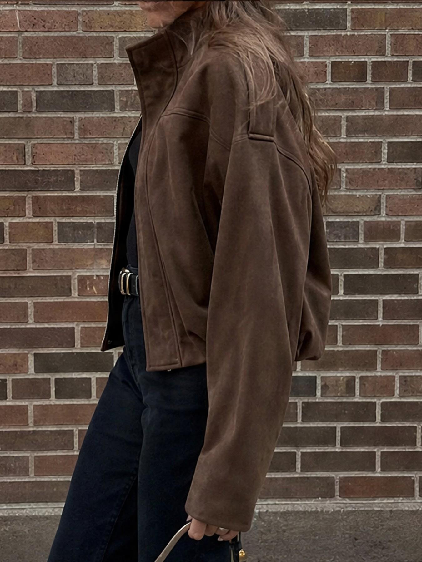 Women's Fashion Loose Short Zipper Jacket, Notched Collar Long Sleeve Pilot Coat, with Pockets, Essential for Autumn