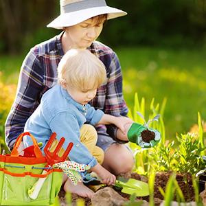 EFFUN Gardening Set, Tool Kit, for Kids, STEM, Includes Tote Bag, Spade, Watering Can, Rake, Fork, Trowel and Gloves