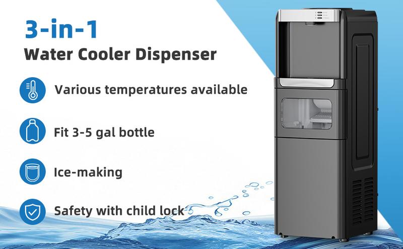 Antarctic Star 3-in-1 Hot and Cold Water Cooler Chiller System Dispenser with Built-in Ice Maker, for 3 to 5 Gallon Bottle Water Dispenser，with Child Safety Lock，Black