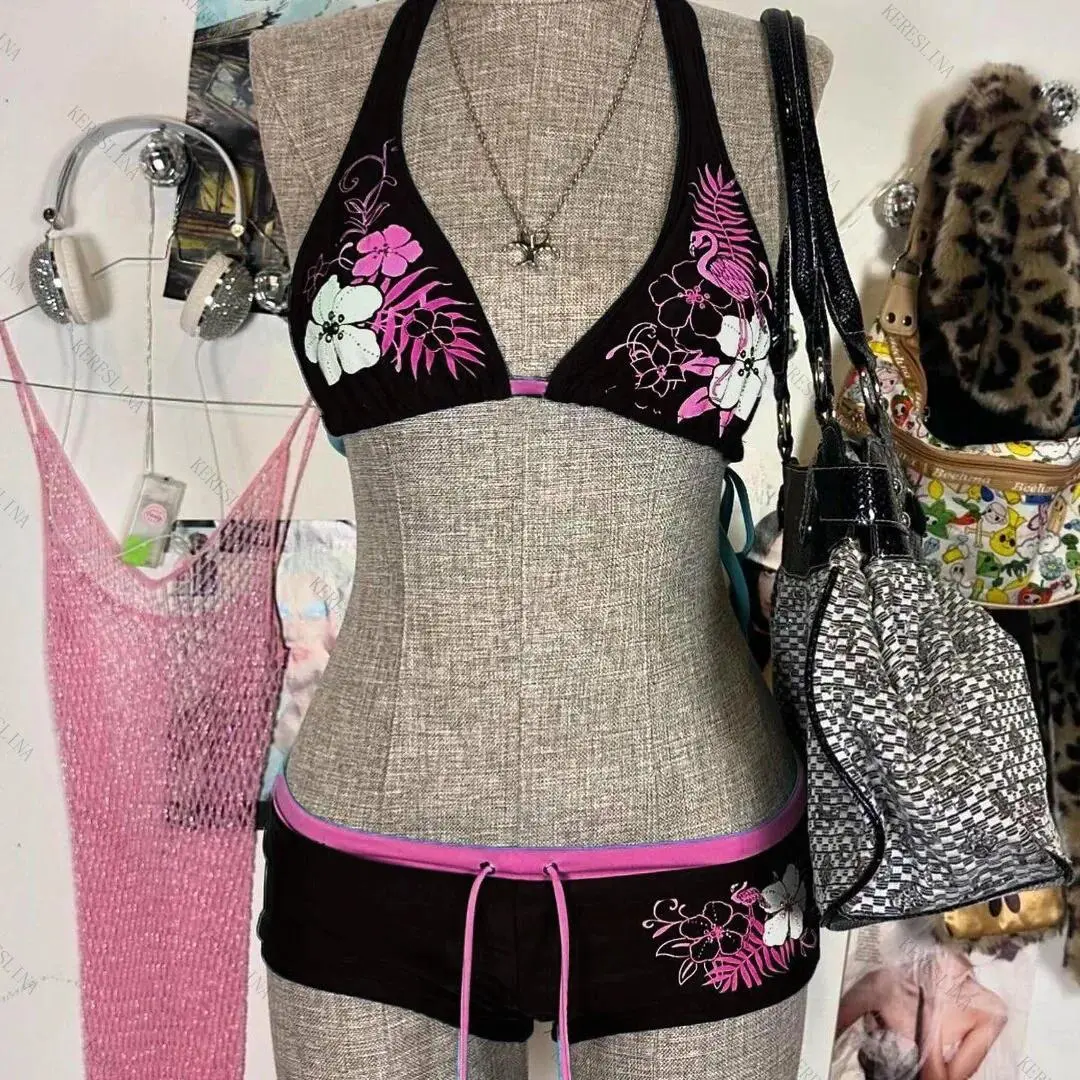 UETEEY 2025 New Summer Swimwear Bikinis Set Sexy Printed Lace Back Naked Bikini 2 Pieces Set Women's Swimwear Slit Beach Bikini