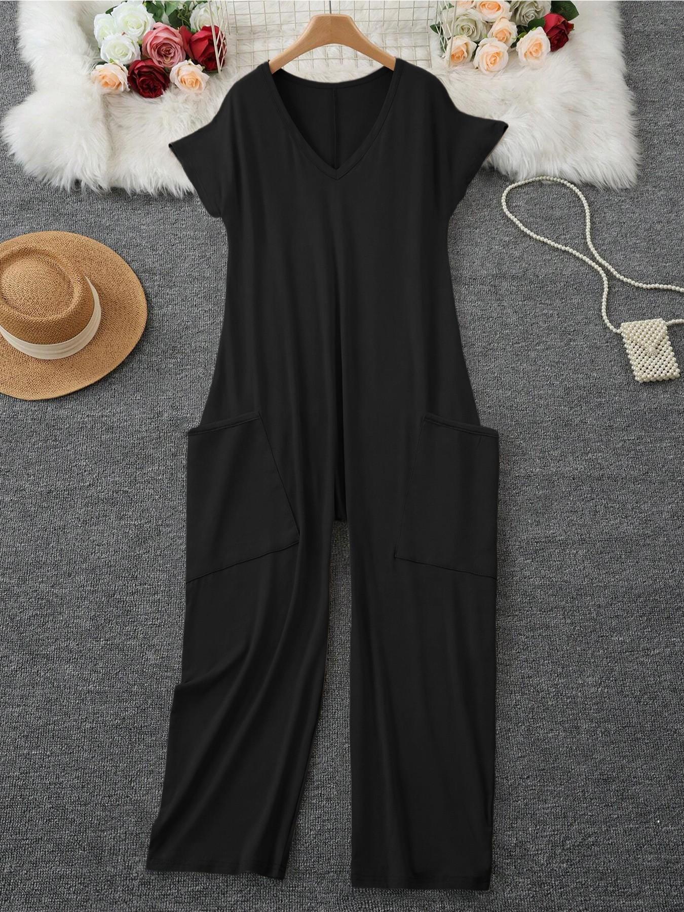 2026 Women's Casual Oversized Jumpsuit, Casual Jumpsuits, Short-Sleeve Batwing V-Neck Harem Pants With pockets, Loose Fit Wide Leg, Perfect for All Seasons, Stylish & Comfortable，Suitable for Daily Home Wear and Fashionable for Outings