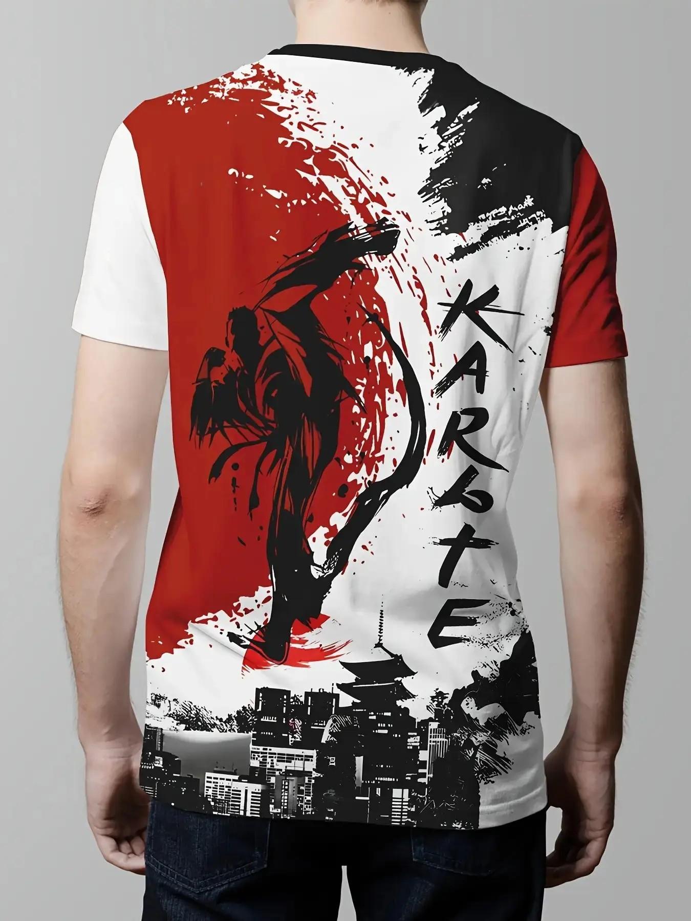 Men's Karate Warrior Print T-Shirt, Japanese Ukiyo-E Style Top, Casual Short Sleeve Streetwear, Martial Arts Theme Summer Shirt