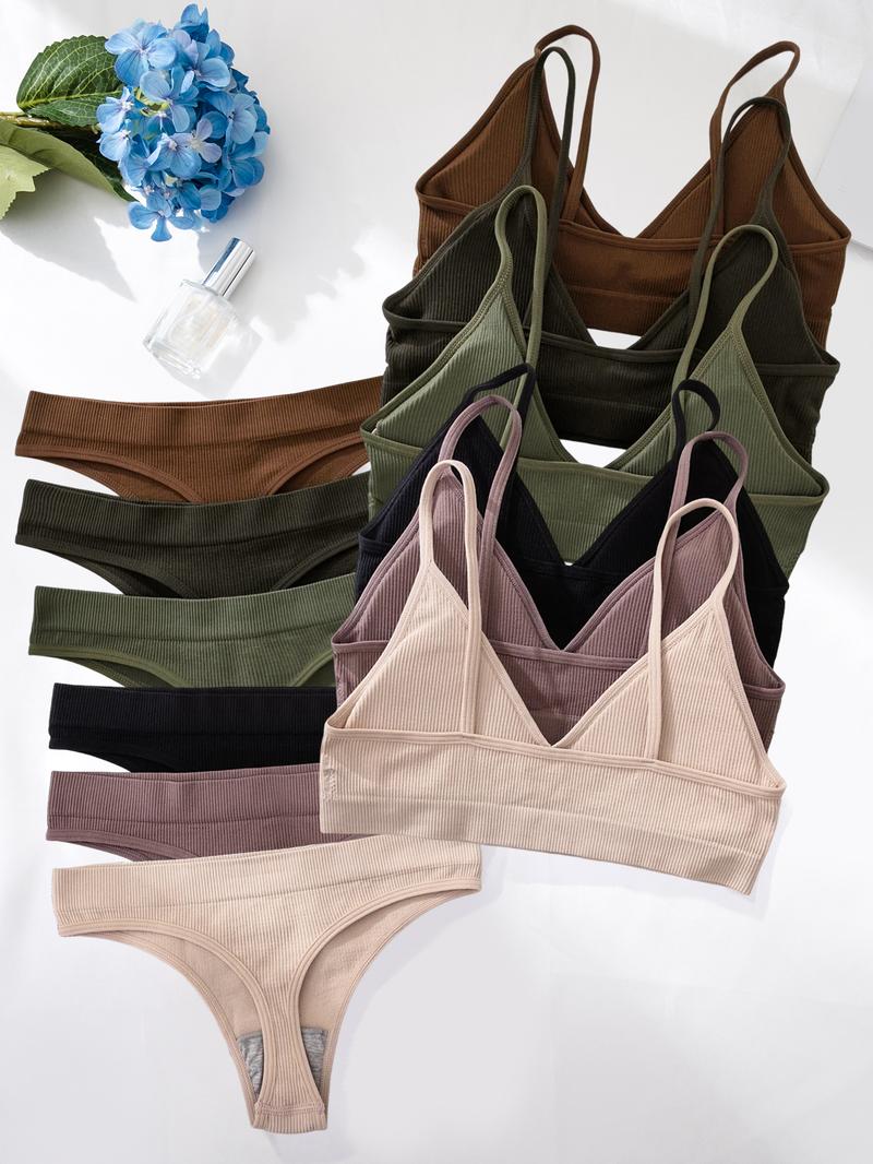 Women's Solid Wireless Bra & Panty Set, Comfy Breathable Replaceable Chest Pads Bra & Panty Set, Softness Underwear Set for Women, Casual Soft Panties