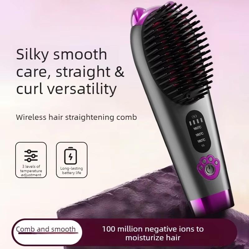 Cordless Negative Ion Hair Straightener Brush, Portable Lightweight 3 Temp Heat Straightening Comb, USB Rechargeable Cute Cat Hot Comb for Frizz-Free Styling