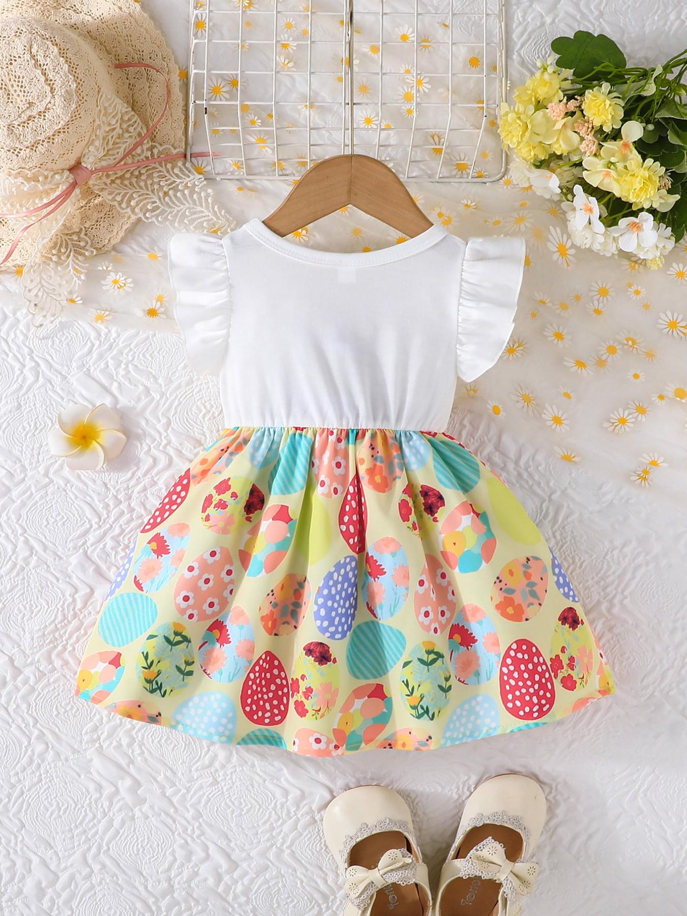Super Cute Easter Dress for Baby Girls 🌸 Ruffled Sleeve Toddler Outfit with Bunny & Egg Prints | Adorable Summer Baby Clothes Exclusively for Little Princesses