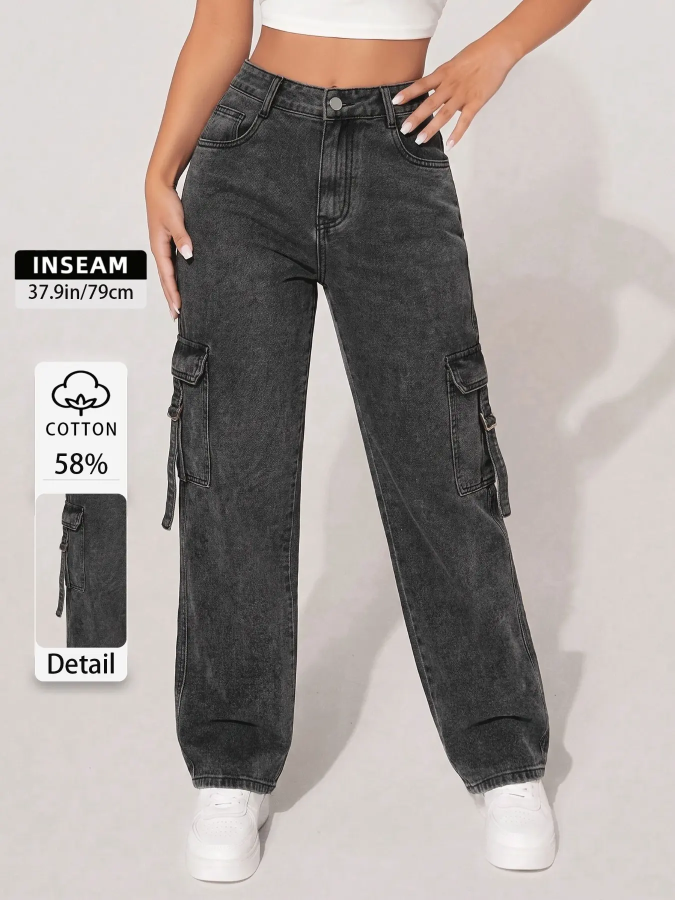 Women's Mid-Rise Denim Cargo Jeans with Oversized Pockets - Trendy Streetwear Wide Leg Pants, Slimming Summer Bottoms, Elegant Casual & Sexy Latina Style, All-Season Comfort
