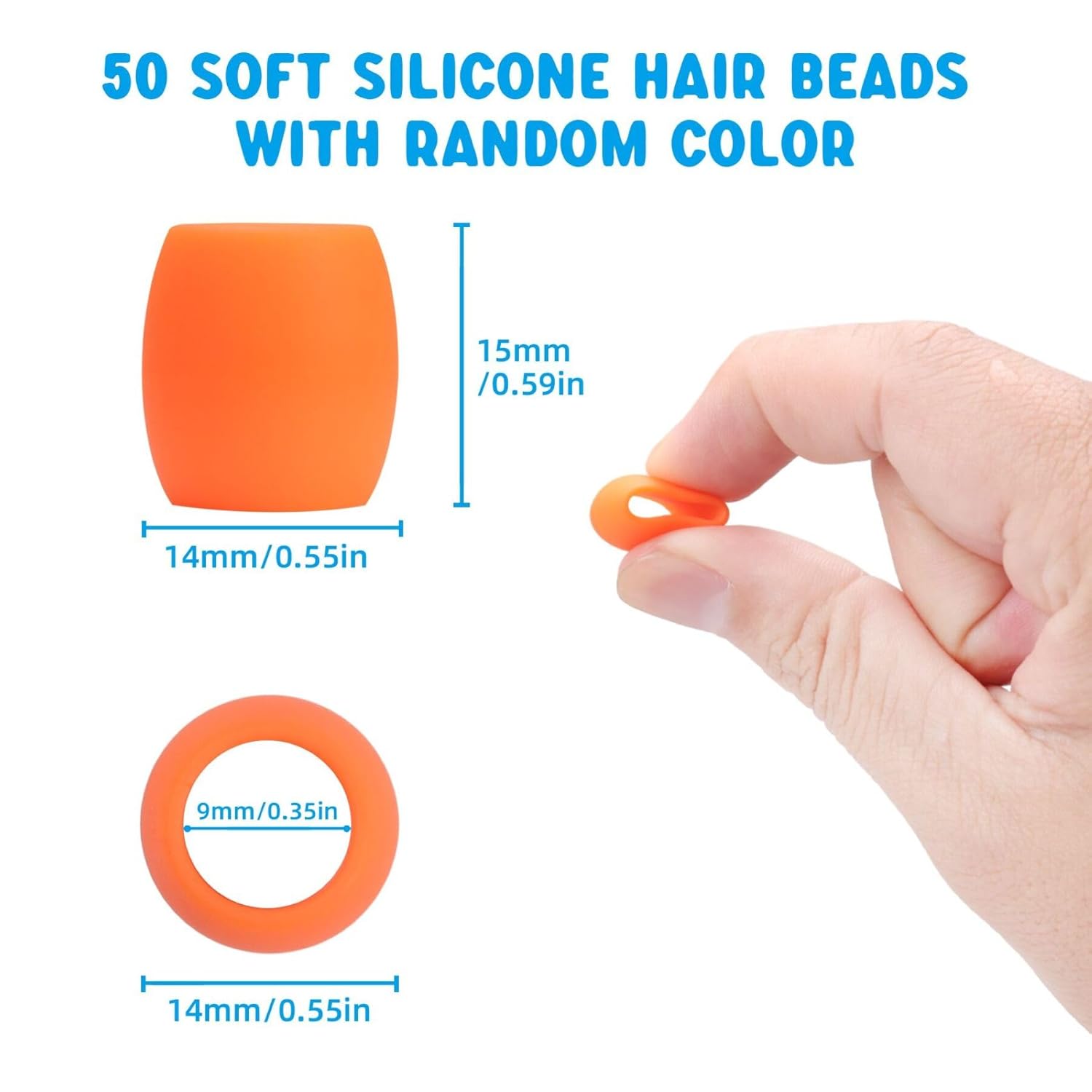 50 Big  Hair Beads for Girls, Diameter 9mm Colorful Soft Rubber Hair Beads for Braids for Daughter Women, 2 Plastic Quick Beaders for Hair Braids, 50 Elastic Rubber Bands