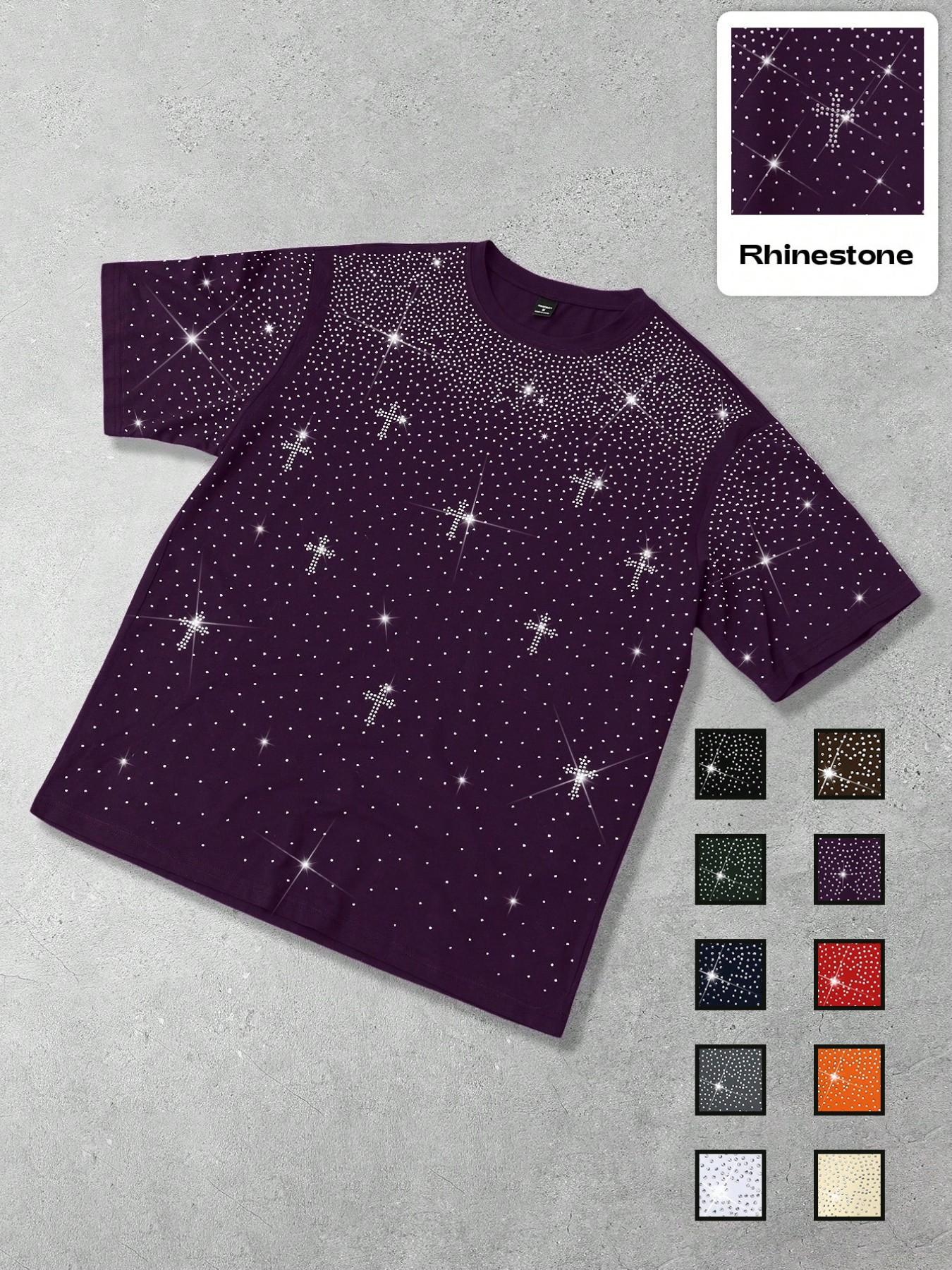 Men's Gothic Cross Rhinestone Embellished T-Shirt | Lightweight Breathable Polyester, Black Base with Sparkling Rhinestone Star & Cross Print, Oversized Fit, Y2K Streetwear Casual Tee, Ideal for Party, Night Out, Urban Street Style & Edgy Looks