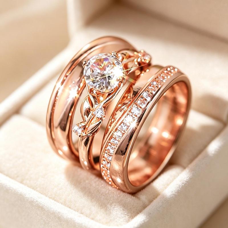 3 Piece Rose Gold Stackable Ring Set, Twisted Vine Solitaire Main Ring with Pave Matching Bands, Gift for Valentine’s Day, Christmas, Anniversary and Proposal44