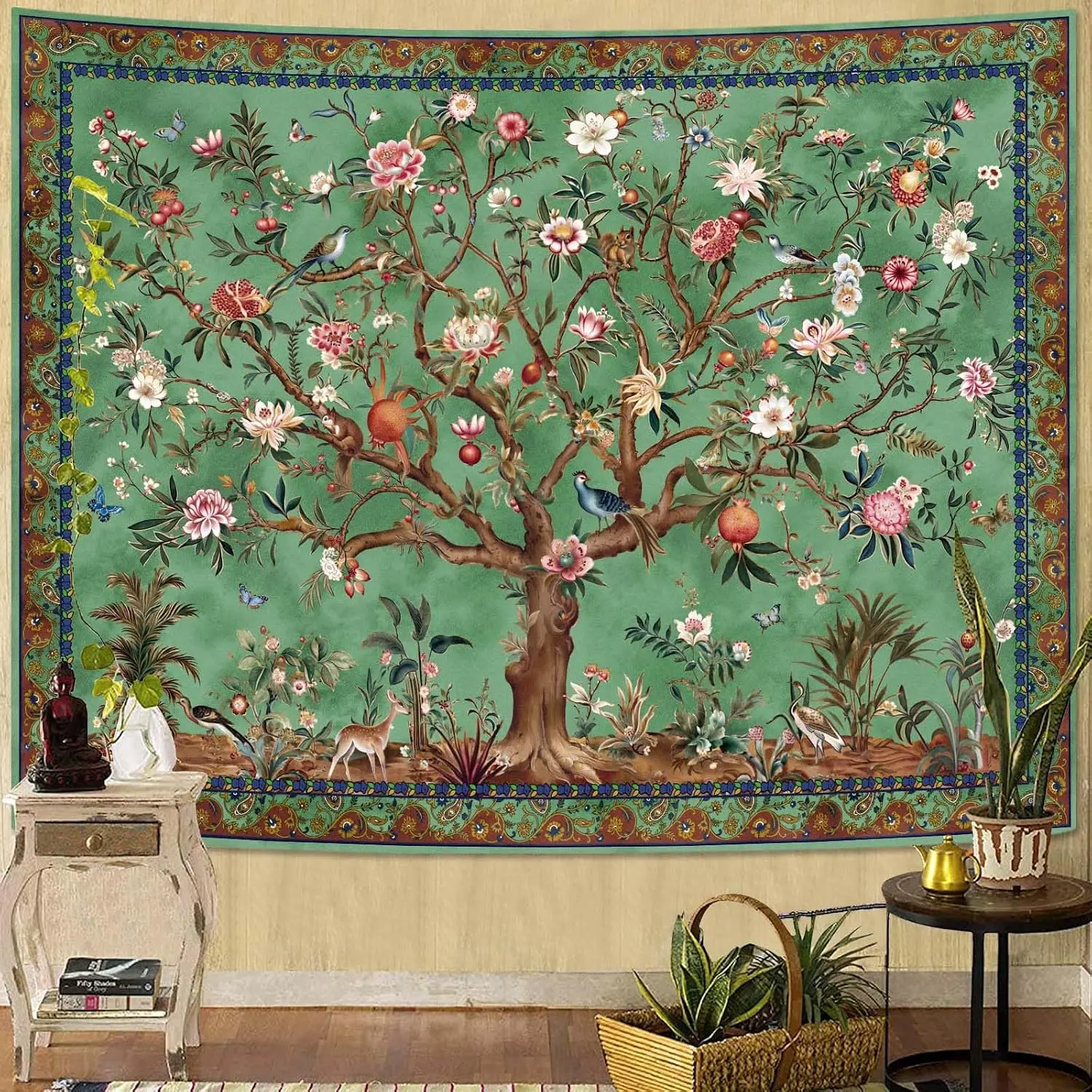 Polyester Tree of Life Tapestry - Bohemian Indian Vintage Wall Hanging with Floral, Leaf, Bird, Animal Motifs, Reversible Soft Fabric, Indoor/Outdoor Year-Round Home Decor, Green