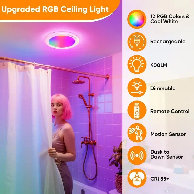Rechargeable Motion Sensor LED Closet Light - 12 RGB Adjustable Lighting, Type-C Fast Charge, Dimmable Magnetic No-Wiring Design, 3 Modes, Auto On/Off, Multicolored Indoor Ceiling Spot for Closet, Pantry, Adjustable Rgb Lighting, Led Closet Lights