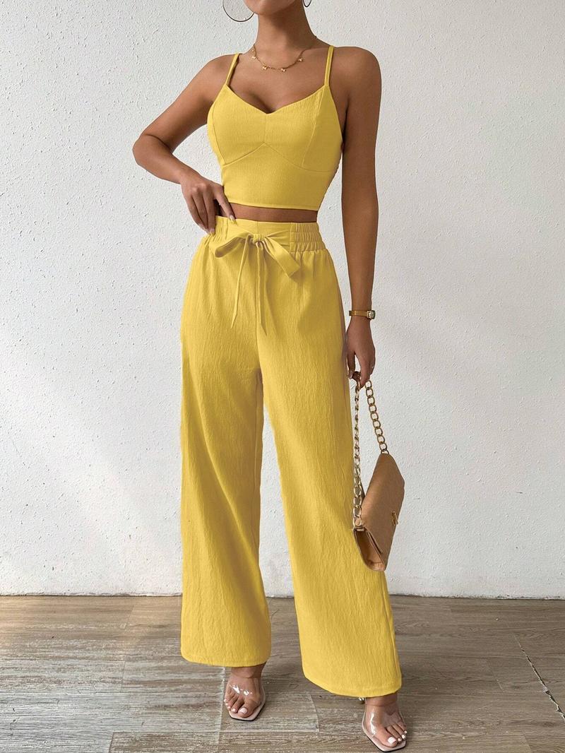 Women's Solid Crop Cami Top & Wide Leg Pants Two-piece Set, Casual Comfy Two Piece Outfits for Daily Wear, Ladies Clothes for All Seasons