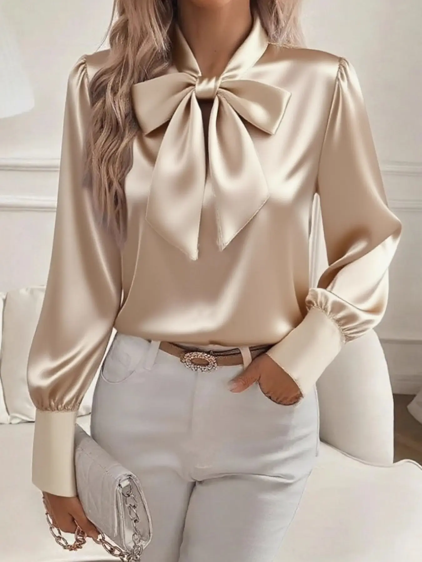 Women's Fall Winter Bow Neck Long Sleeve Shirt, Glossy Bubble Sleeves, Elegant Chic Office Top, Loose-Fit Smooth Button Front Blouse