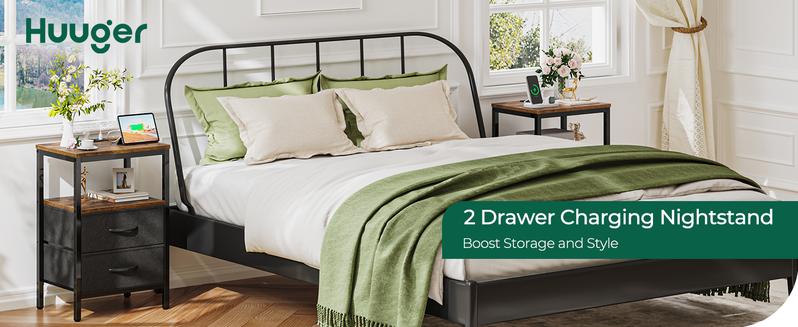 Huuger Nightstand with Charging Station, Side Table with Fabric Drawers, End Table with Open Shelf, Bedside Table with USB Ports and Outlets, Night Stand for Bedroom