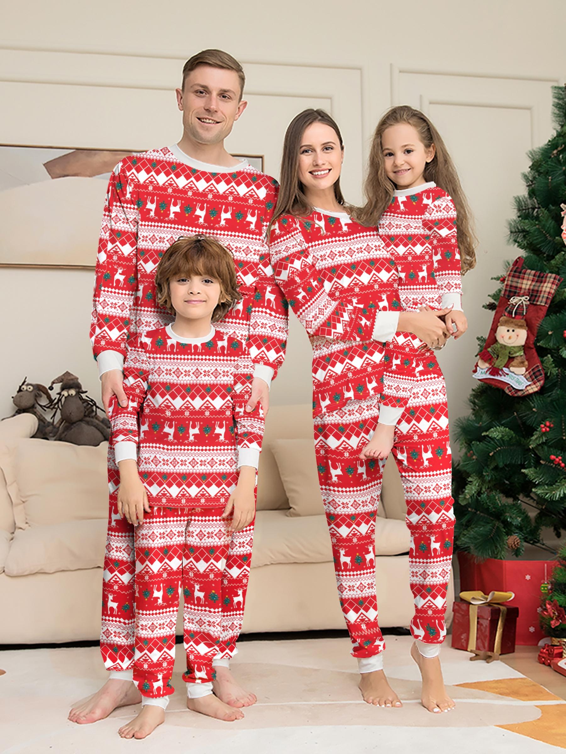 Red White Fair Isle Reindeer Snowflake Matching Family Christmas Pajama Set, All Over Print Crew Neck Long Sleeve Sleepwear with Cream Cuffs, Soft Cuffed Loungewear for Adults Kids Couple, Xmas Family Matching Outfits for Family of 3 & 4