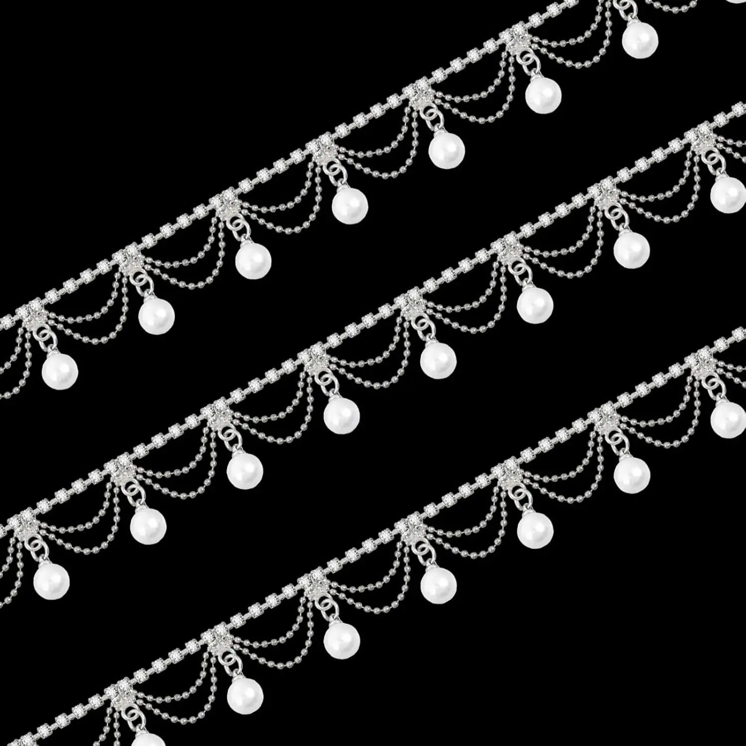1 Yard Pearl Tassel Rhinestone Fringe Trim Rhinestone Pearl Tassel Chain Diamond Crystal Tassels Fringe Trim for Sewing Crafts Wedding Dress Clothing Accessories DIY Decoration Silver