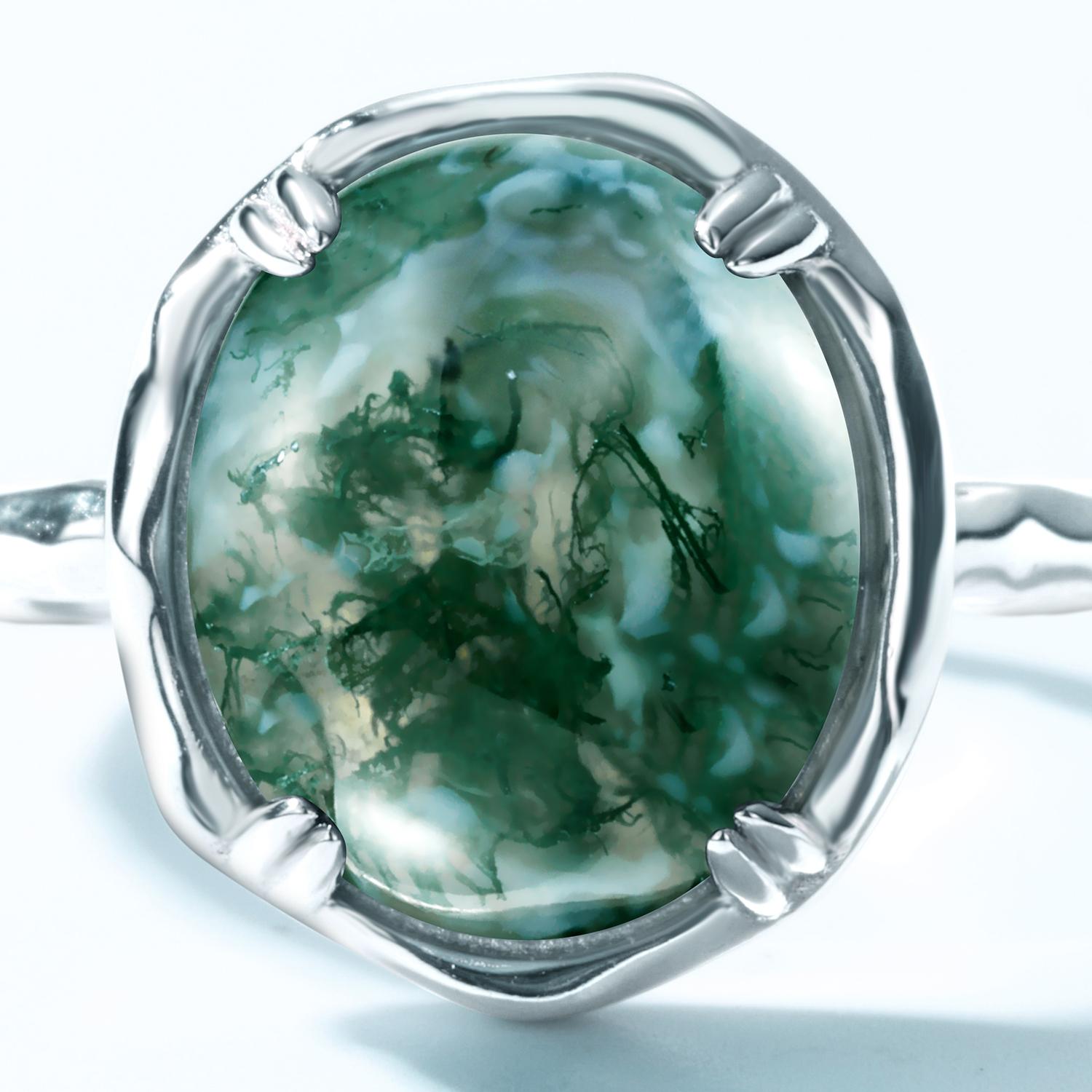 Natural Gemstone  Healing Stone Green Moss Agate Porcelain Round Cabochons Adjustable Rings for Women Men Valentine Gift for Girlfriend