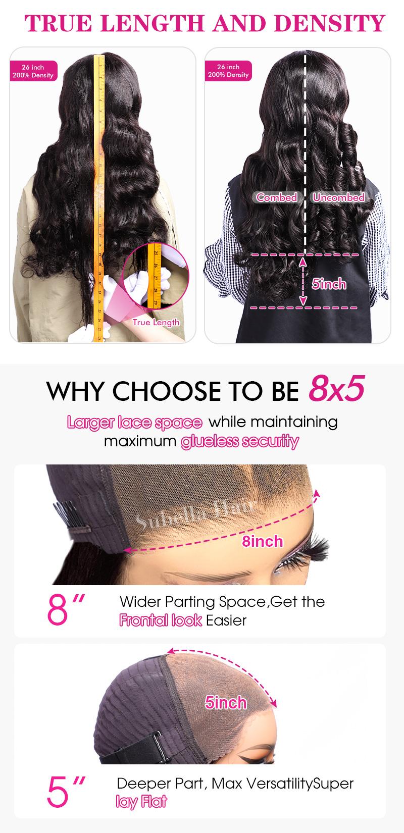 Subella Hair All-Day Wear Comfort Real Glueless Ocean Wave Wig Ready to Go 200% Density HD Lace Middle/Side/C Part Loose Body Wave Wig Pre Cut Plucked Human Hair Beginner Friendly