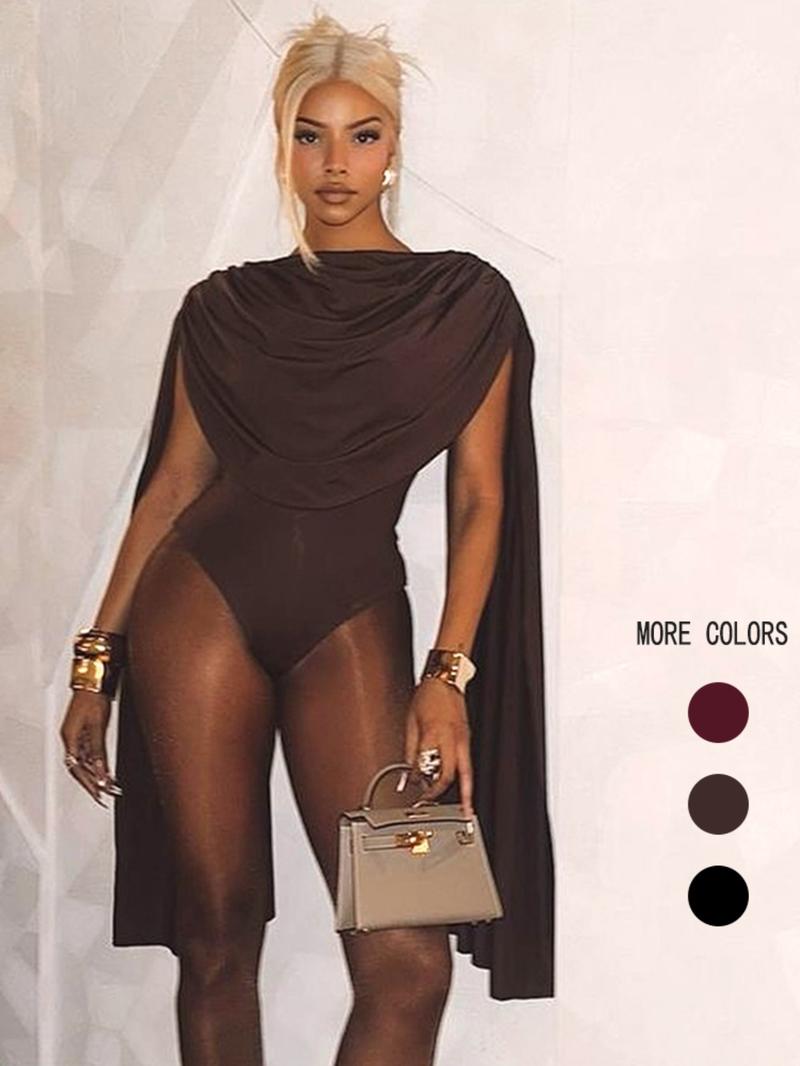 Women's Solid Color Bodysuit, Fashion Minimalist Casual Cowl Neck Bodycon Bodysuit for Nightlife, Women's Clothes for Summer