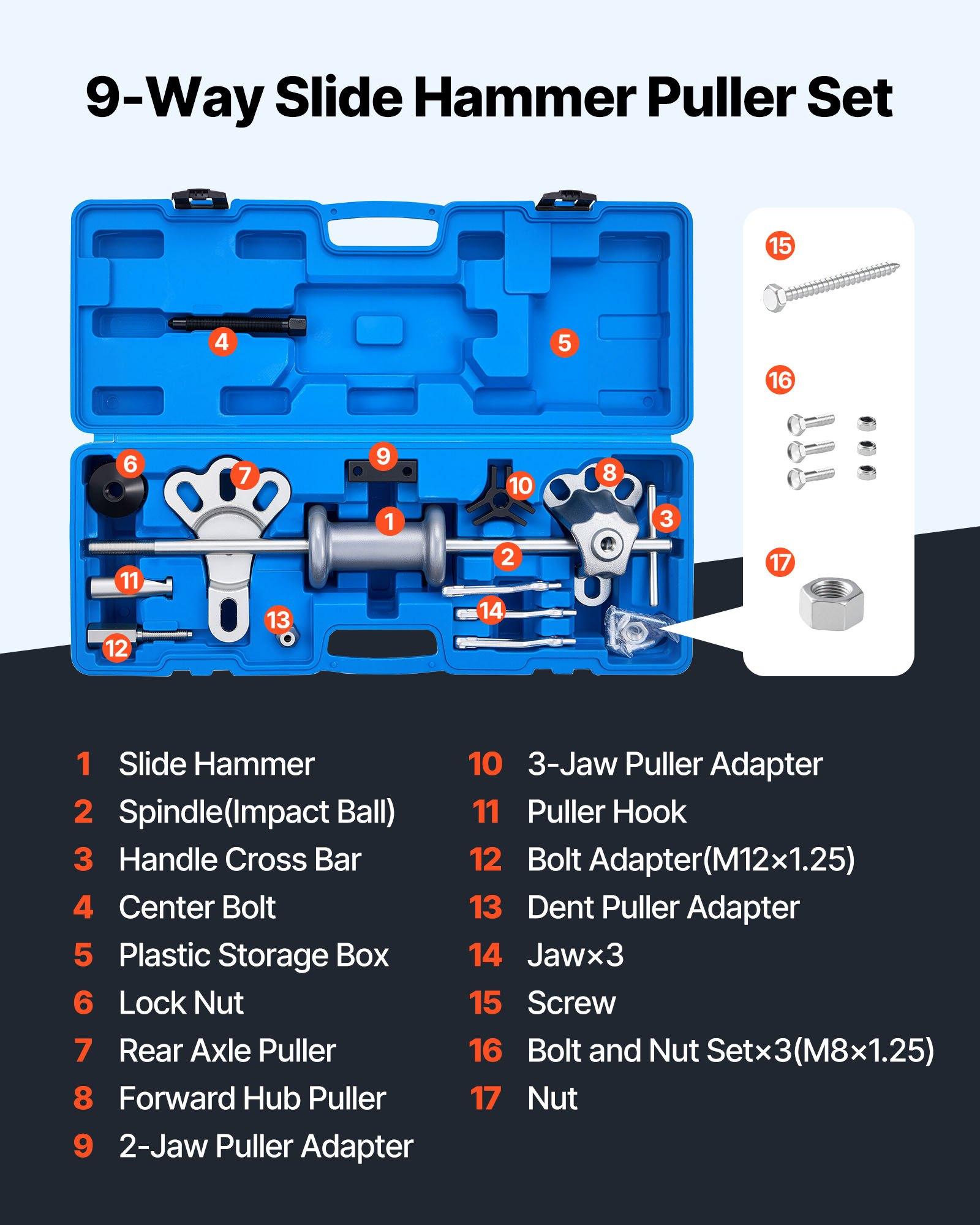 fathersdaygift  VEVOR 9-Way Slide Hammer Puller Set, 15PCS Front Wheel Hub Bearing Remover Rear Wheel Axle Hub Dent Shaft Puller Tool Kit, Axle Bearing Puller Tool Kit and Slide Hammer Remover Set with Carry Box