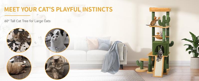 YITAHOME Tall Cactus Cat Tree Tower with Self-Grooming Brush, 37/60/76 in Cute Cat Climbing Tower for Indoor Cats with Cat Condo, Top Perch, Basktet, Sisal Scratching Posts and Board,Toy Balls