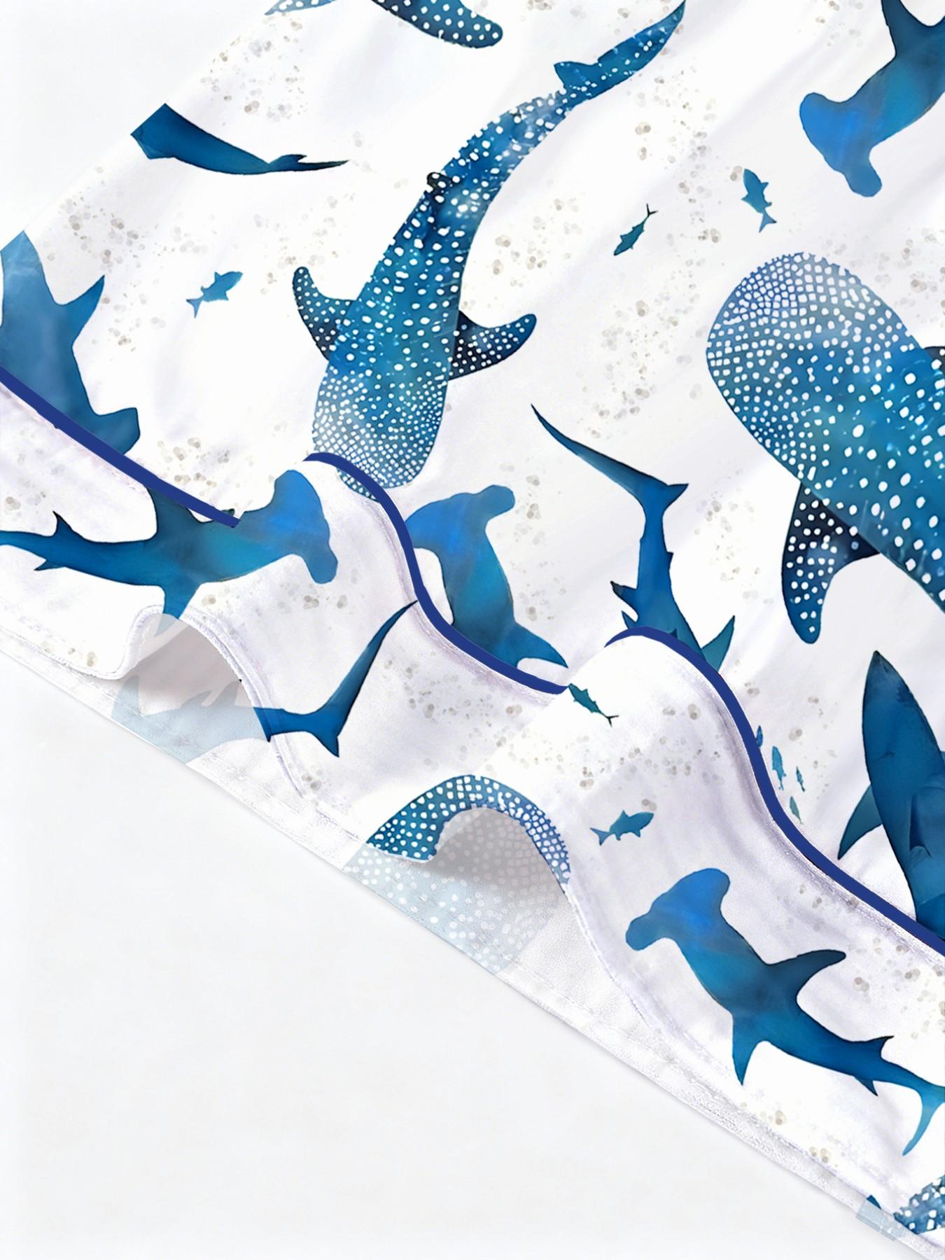 Women's Shark Print Pajama Set, Short Sleeve Button-Up Top and Elastic Shorts, Casual All-Season Sleepwear, Comfortable Home