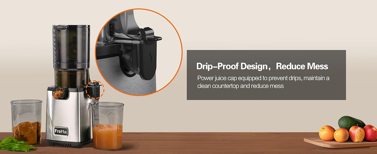 FRETTA cold pressed juicer with 5.3" Feed Chute, Slow Masticator Chute, For Whole Vegetables and Fruits, High Yield, Easy to Clean Springtok Steel