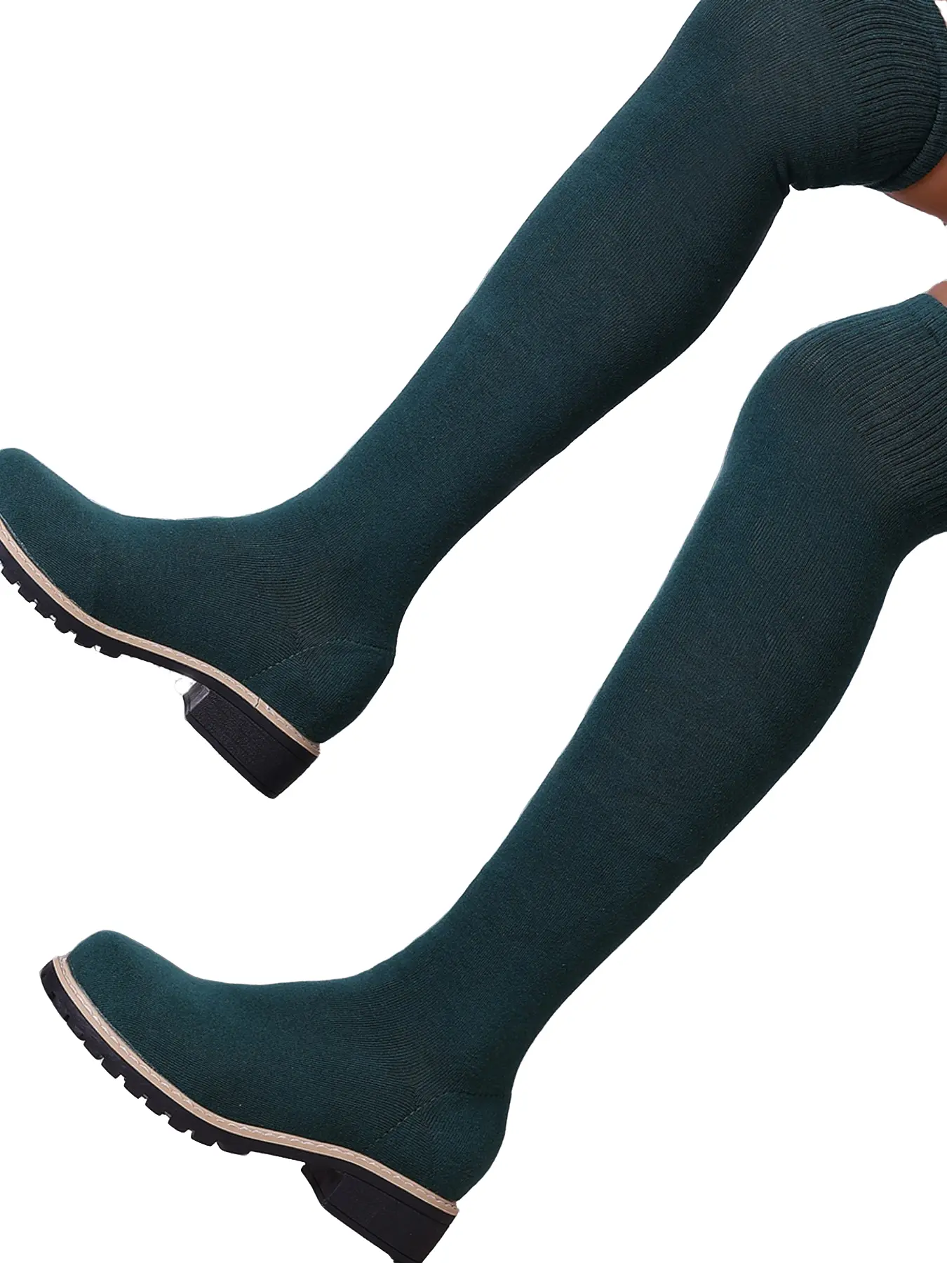 Elegant Solid Color Knit Stretch Over-The-Knee Boots, Flat Thick Sole Anti-Slip Design, Perfect for Fall Winter with Skirts